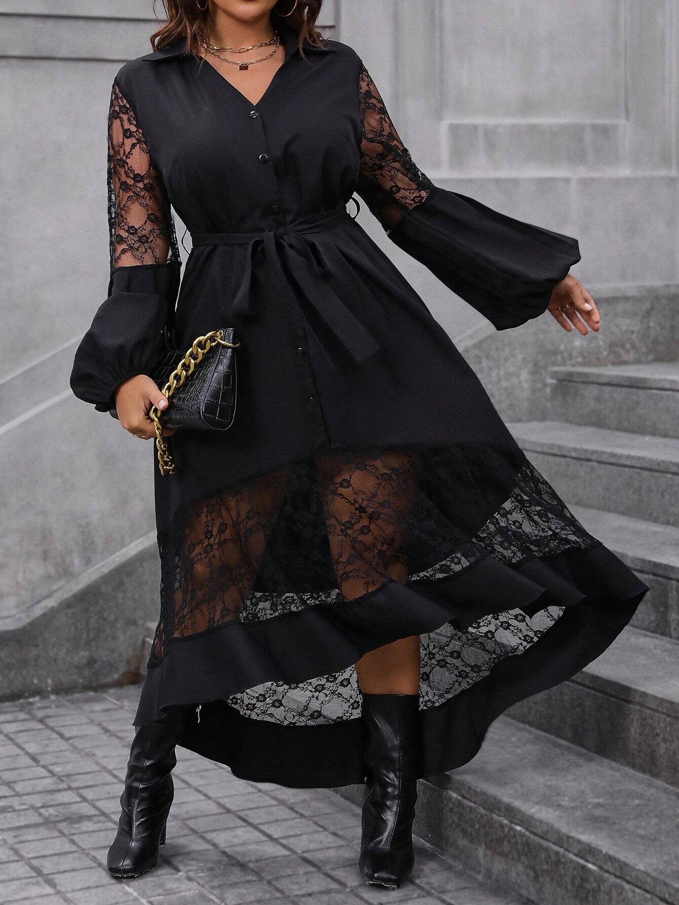 Privé Plus Contrast Lace Lantern Sleeve Belted Dress