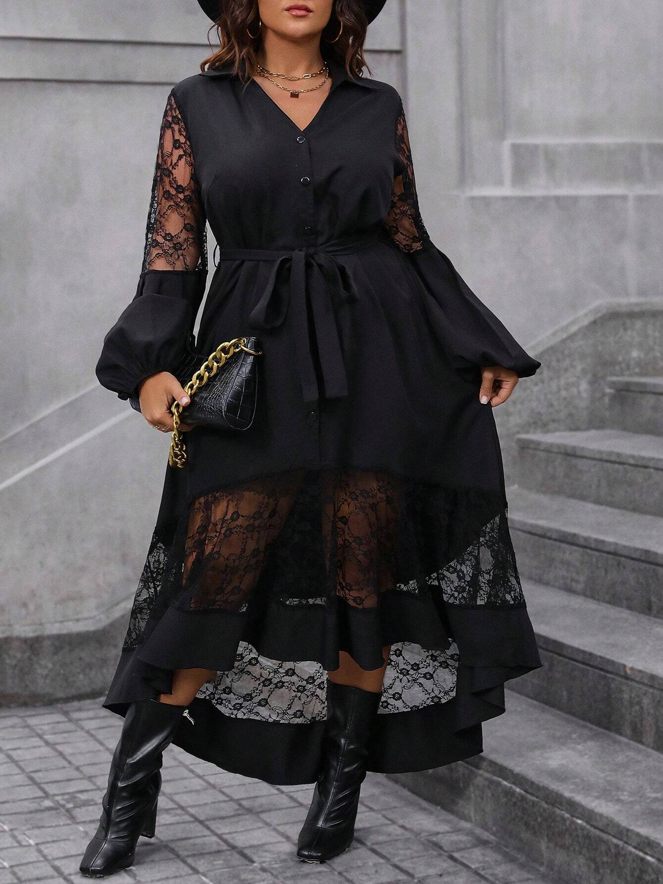 Privé Plus Contrast Lace Lantern Sleeve Belted Dress