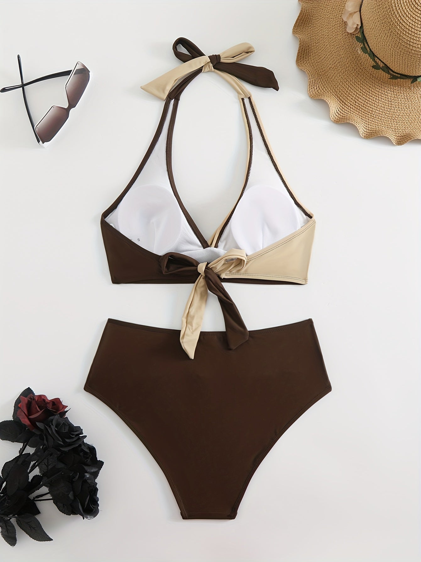 Two-piece Bikini Swimsuit for Women, Solid Color Sexy Patchwork Multi-Color Sexy Bikini with Neck Strap