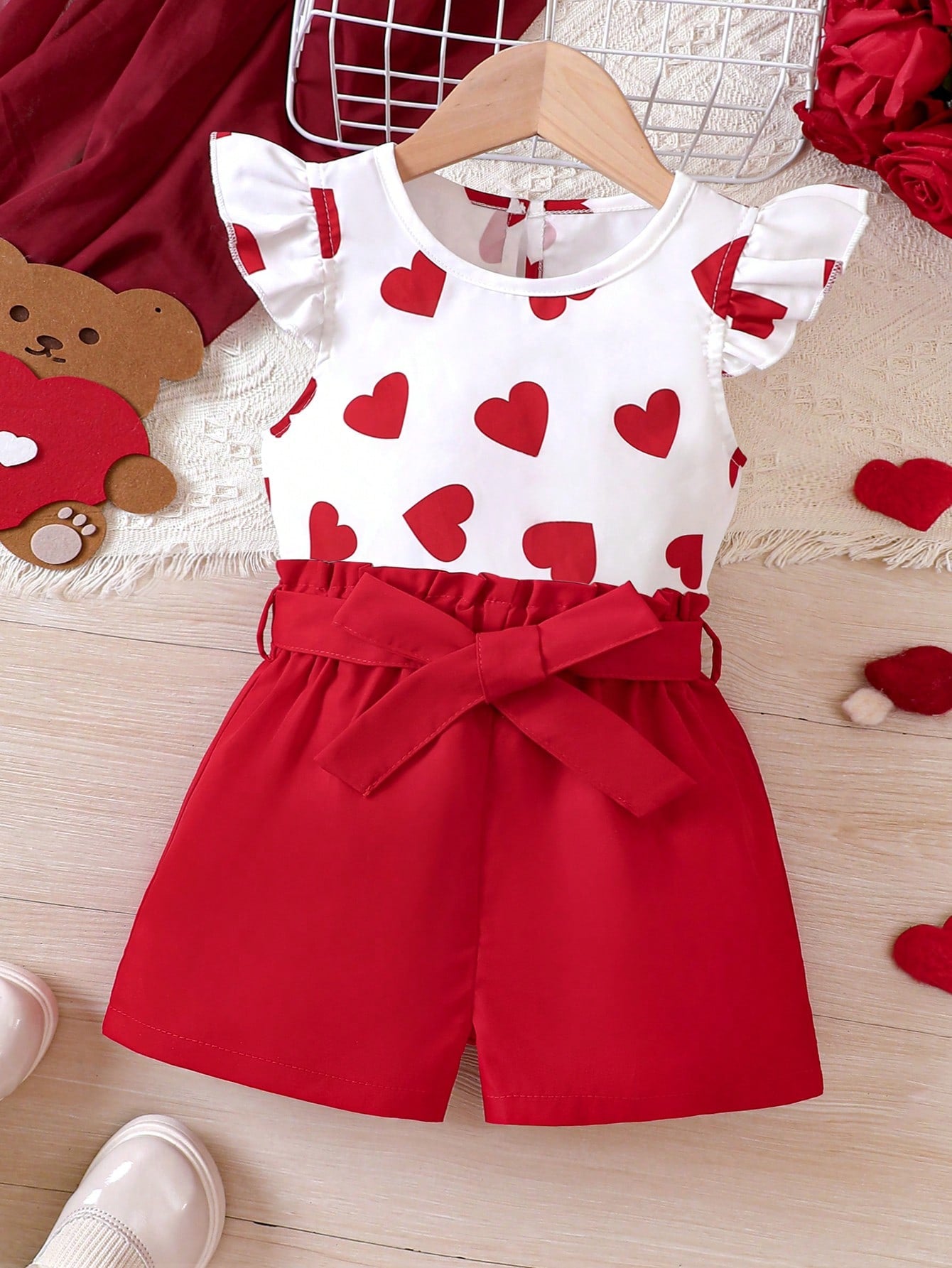 Young Girl Heart Printed Cap Sleeve Top & Bloomer Shorts Set