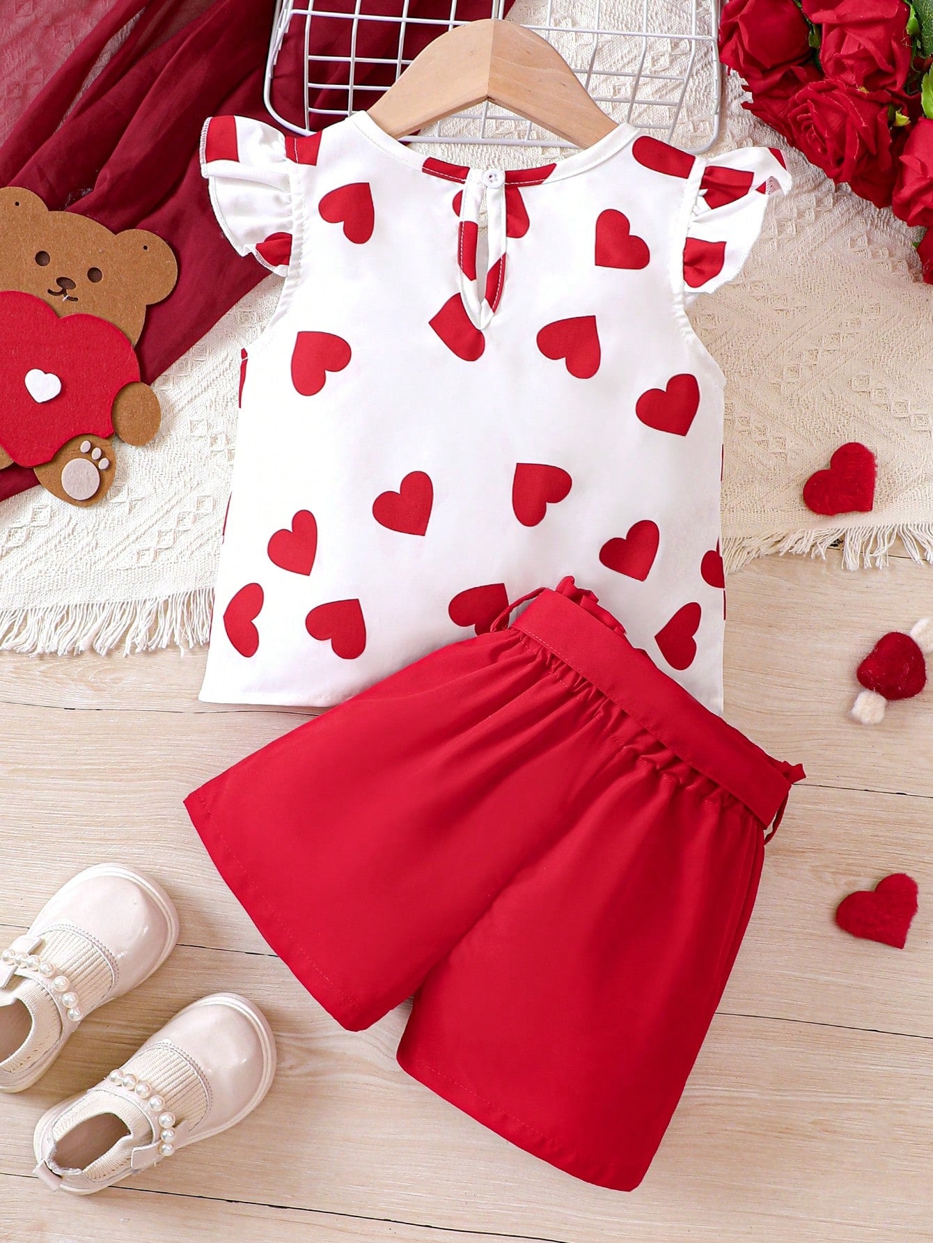 Young Girl Heart Printed Cap Sleeve Top & Bloomer Shorts Set