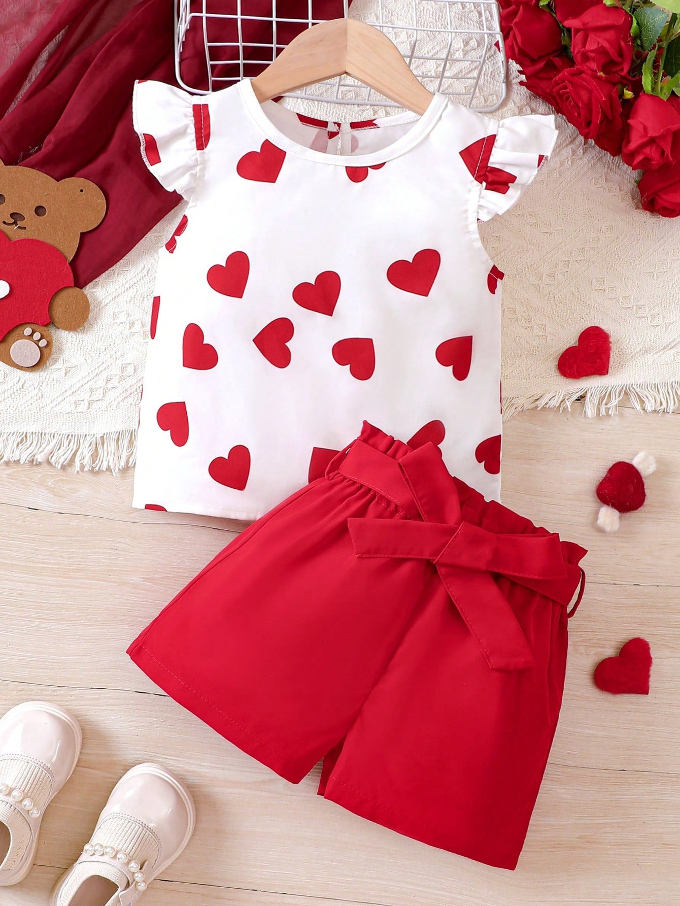 Young Girl Heart Printed Cap Sleeve Top & Bloomer Shorts Set