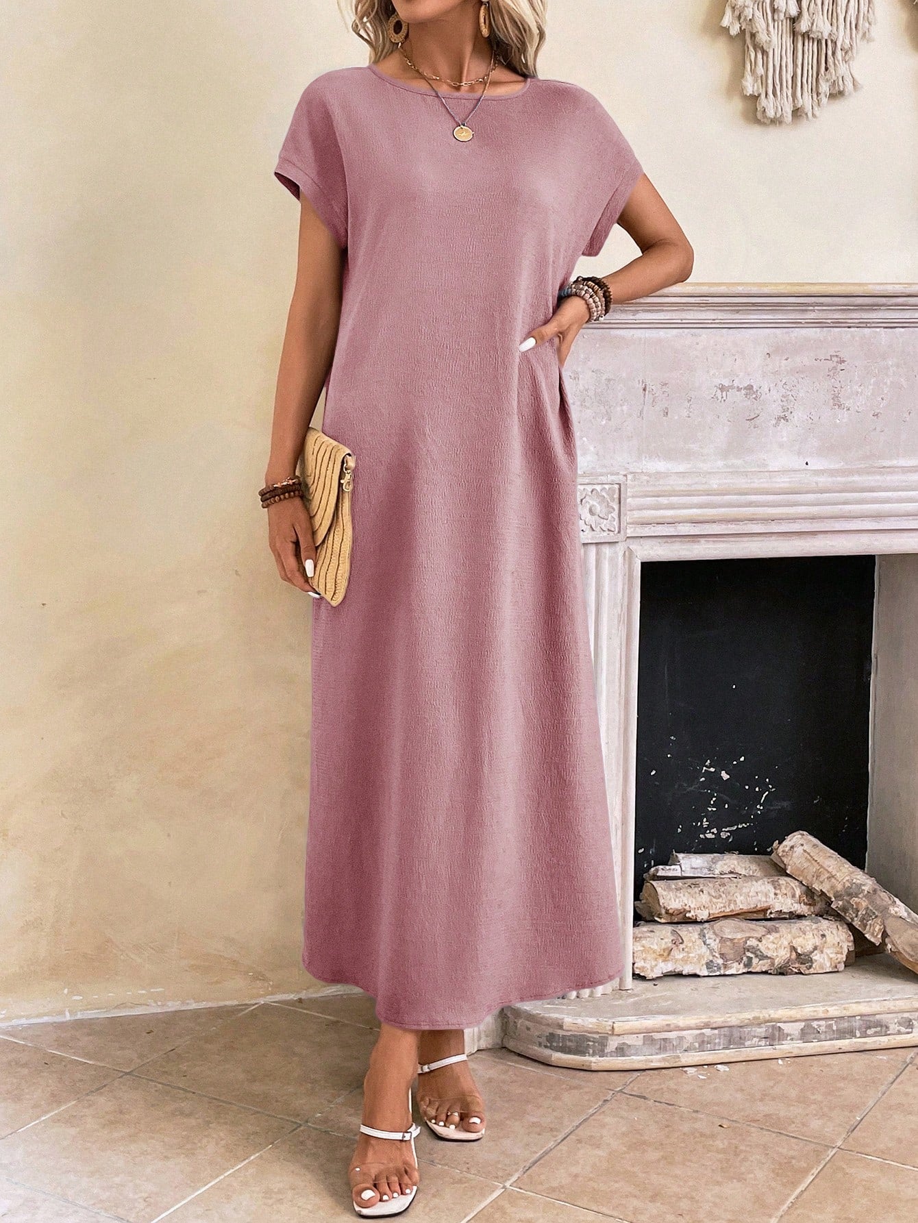 EMERY ROSE Women Casual Solid Color Batwing Sleeve Long Dress For Vacation