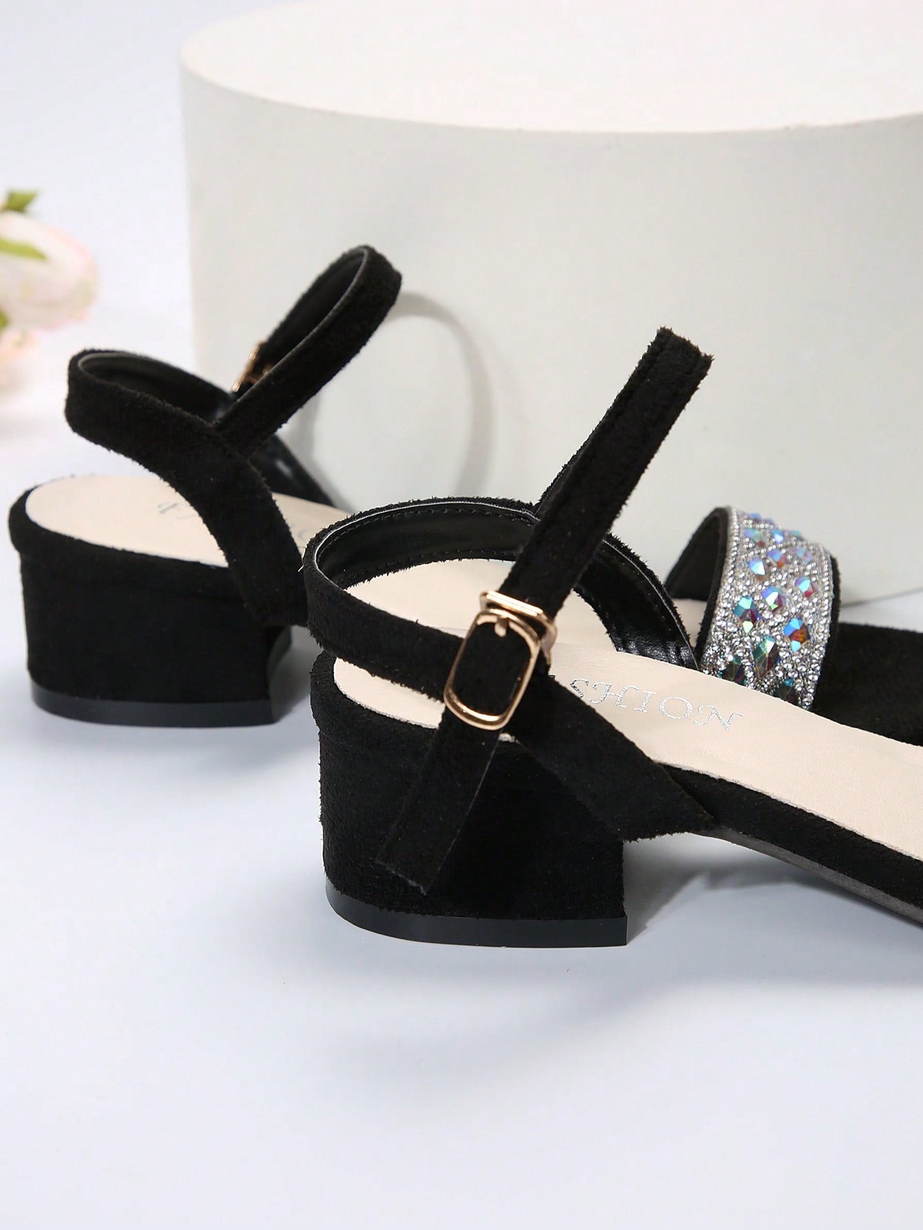 Women's Rhinestone High Heel Sandals Summer Style Chunky Heel Buckle Strap Fashionable Black Sandals For Vacation, Outdoor, Elegant High-heeled Shoes