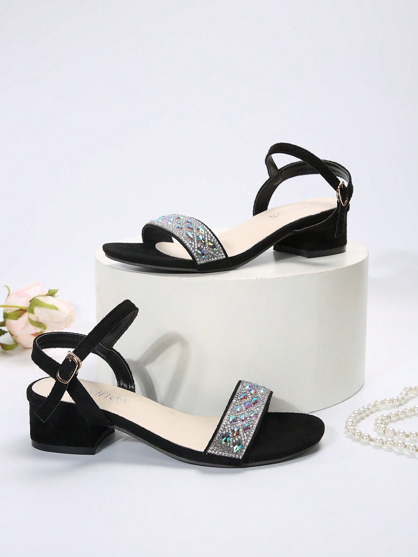 Women's Rhinestone High Heel Sandals Summer Style Chunky Heel Buckle Strap Fashionable Black Sandals For Vacation, Outdoor, Elegant High-heeled Shoes