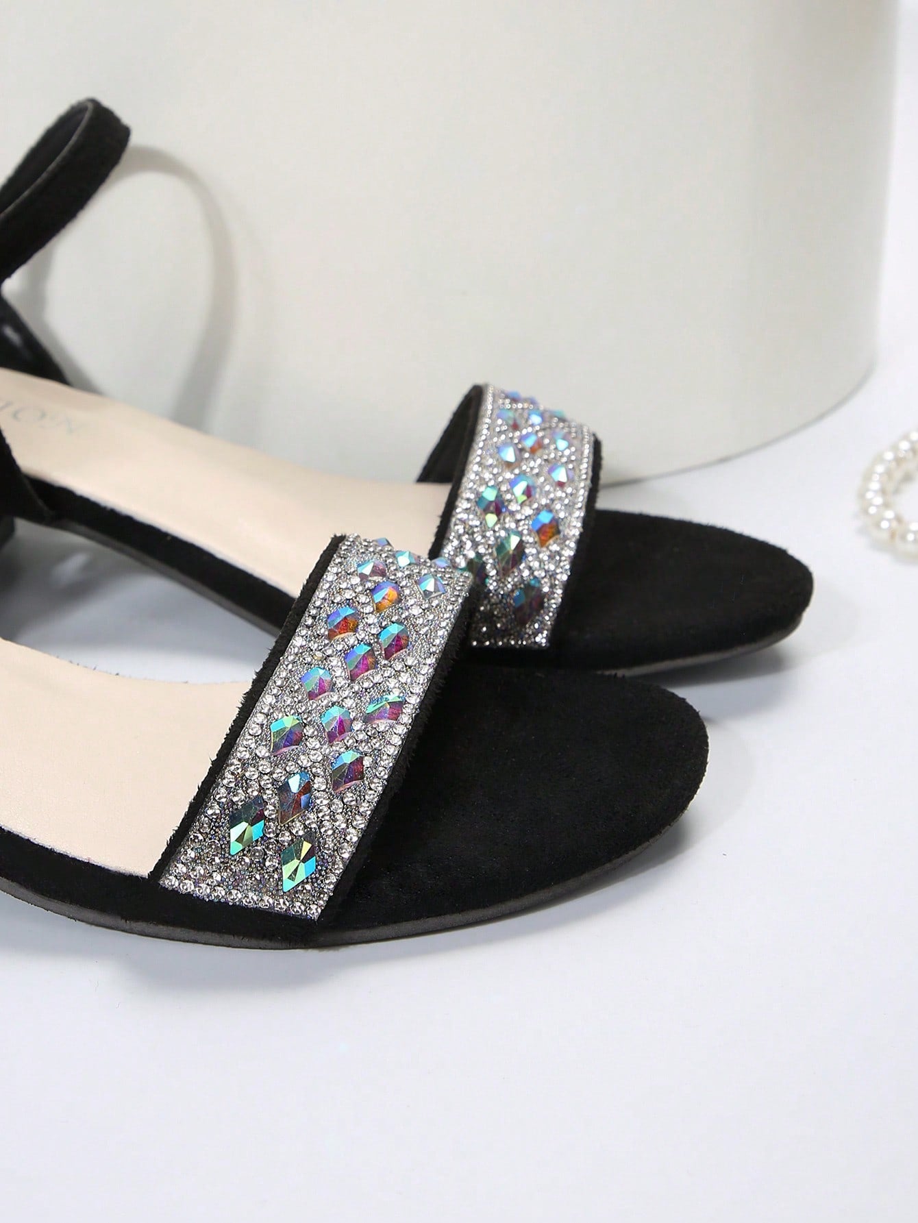 Women's Rhinestone High Heel Sandals Summer Style Chunky Heel Buckle Strap Fashionable Black Sandals For Vacation, Outdoor, Elegant High-heeled Shoes