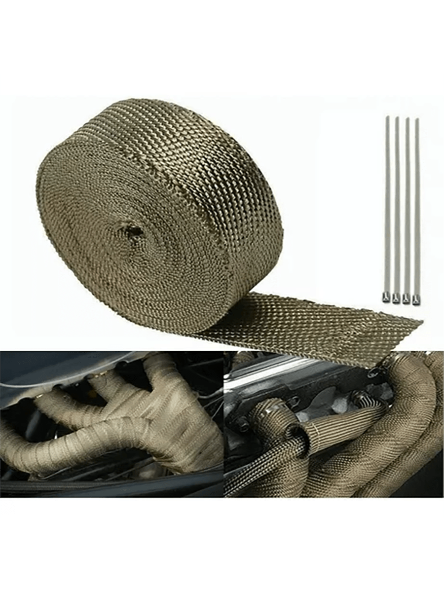 1pc 5m Long Bananas Fiber Heat Insulation Tape, Thermal Cloth For Car & Motorcycle Exhaust Pipe, Made Of Glass Fiber, Equipped With 4 Steel Bars, Tie Size: 4.6mm X 300mm 4 Loops, Including 1x5m Heat Tape & 4x Metal Ties