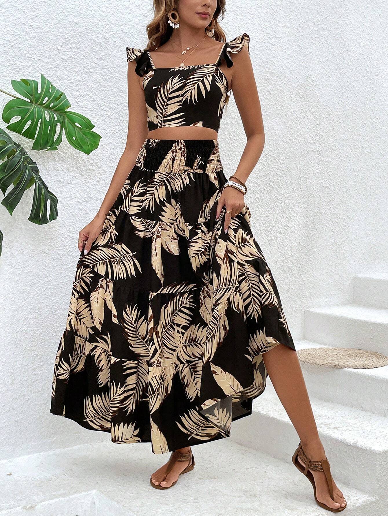 VCAY Women's Plant Print Flutter Sleeve Top And Skirt Set