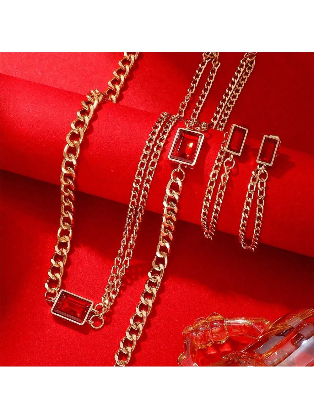 4pcs/Set Women's Luxury Double Layered Necklace Bracelet Earrings Set