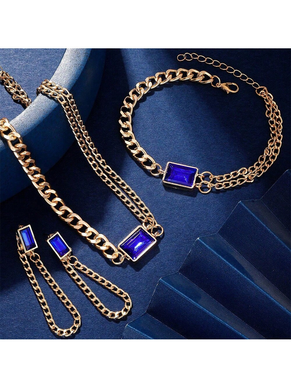 4pcs/Set Women's Luxury Double Layered Necklace Bracelet Earrings Set