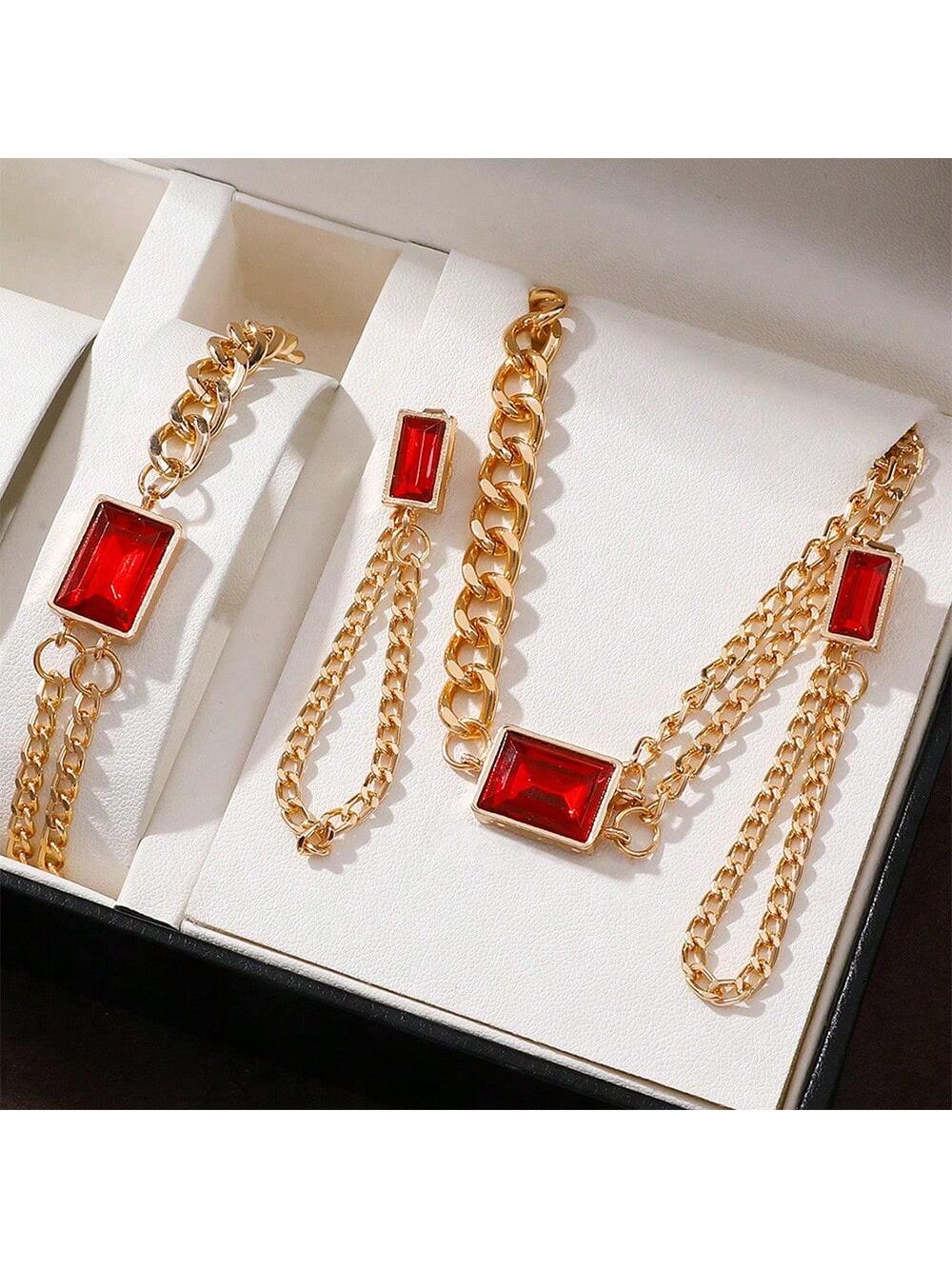 4pcs/Set Women's Luxury Double Layered Necklace Bracelet Earrings Set