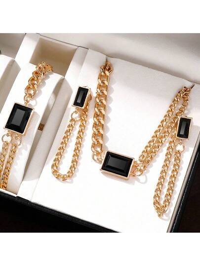 4pcs/Set Women's Luxury Double Layered Necklace Bracelet Earrings Set