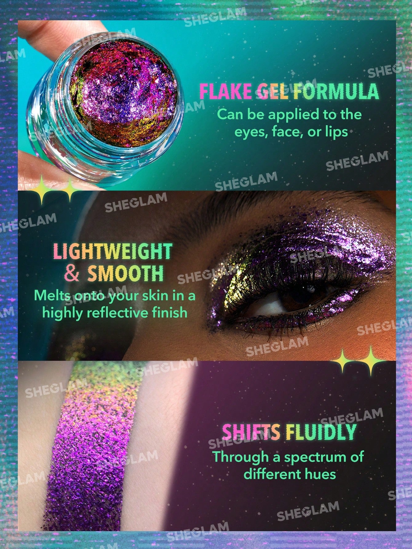 SHEGLAM Chroma Zone Multichrome Flake Gel-Hypnosis 3 Colors Gradient Purple Shiny Eyeshadow Cream Multi-Tone High Shine Finish Non-Greasy Non-Fading Glitter Shimmer Eyeshadow Flake Y2K Black Friday Party Eyeshadow Xmas Christmas Gift Winter