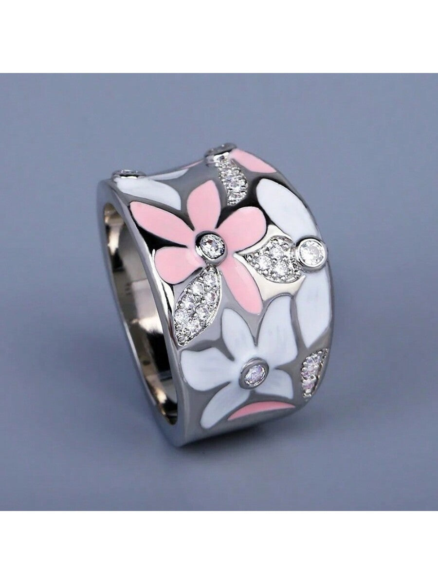 1pc Vintage Elegant Enamel Floral Design Micro-Inlaid Cubic Zirconia & Resin Women Ring