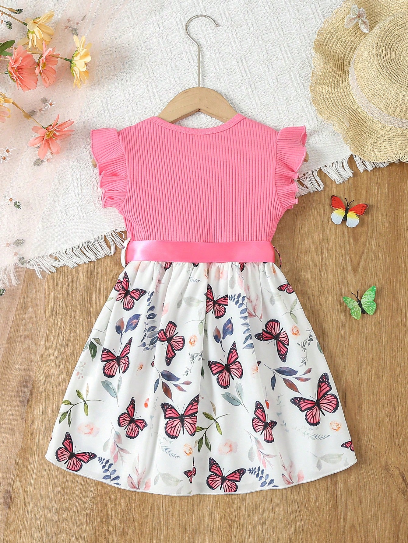 Young Girl Butterfly & Plant Print Belted Dress