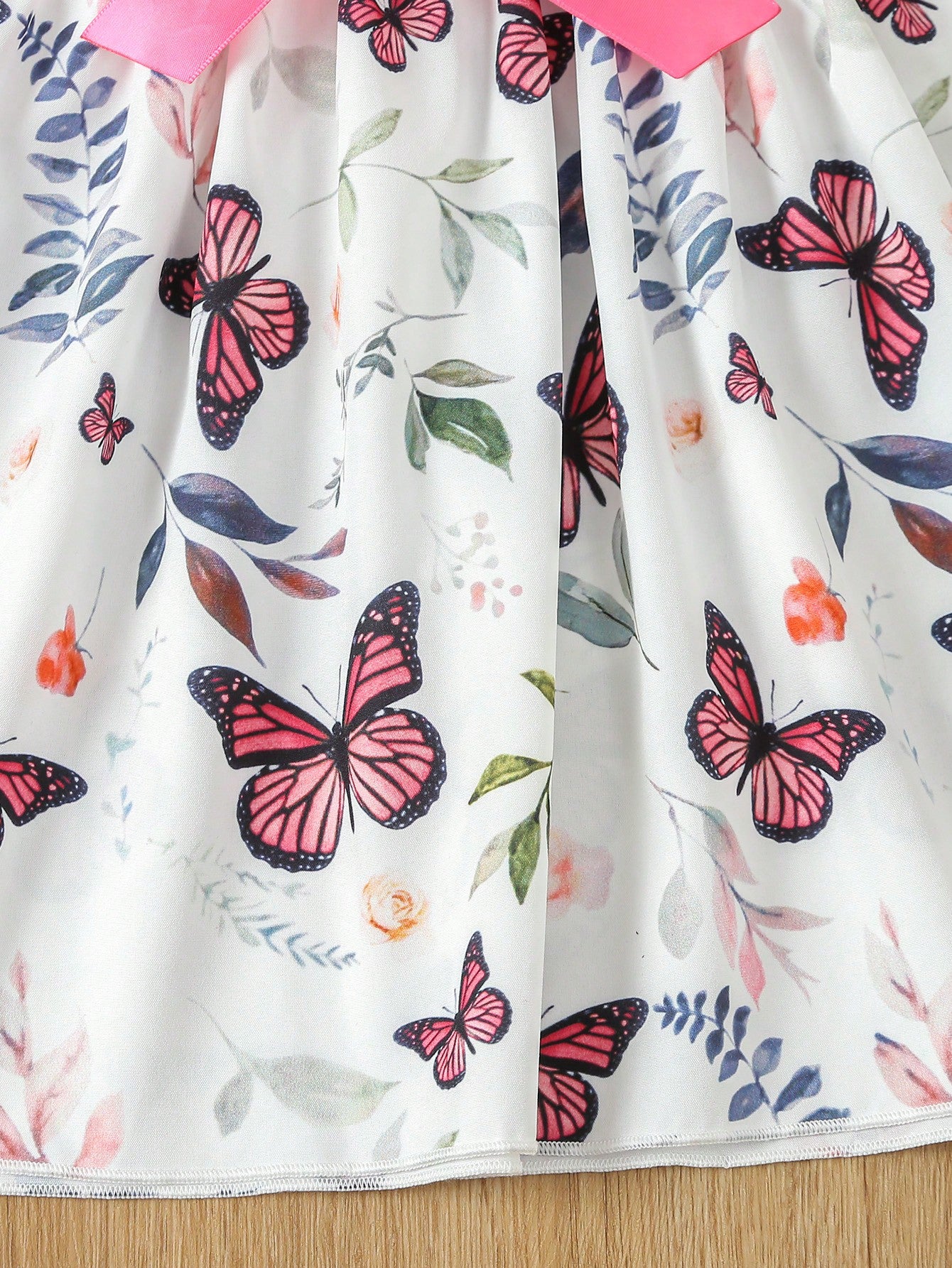 Young Girl Butterfly & Plant Print Belted Dress