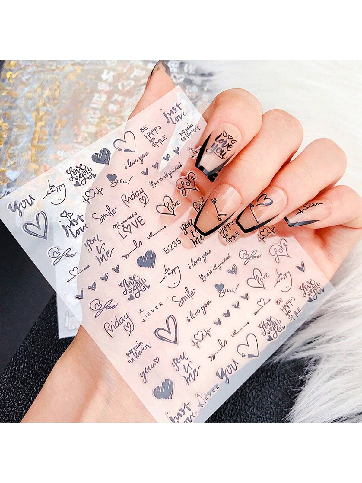 7Sheets Valentines Nail Art Stickers 7pcs Self-Adhesive Gold Heart Nail Stickers 3D Valentine'S Day Nail Supplies Rose Love Cupid Heart Letter Nail Decals Gold Nail Design Charms For Women Nail Art Decoration DIY