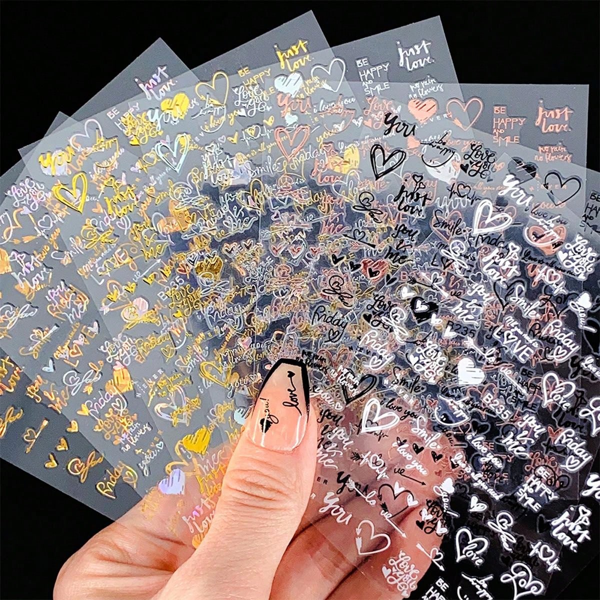 7Sheets Valentines Nail Art Stickers 7pcs Self-Adhesive Gold Heart Nail Stickers 3D Valentine'S Day Nail Supplies Rose Love Cupid Heart Letter Nail Decals Gold Nail Design Charms For Women Nail Art Decoration DIY