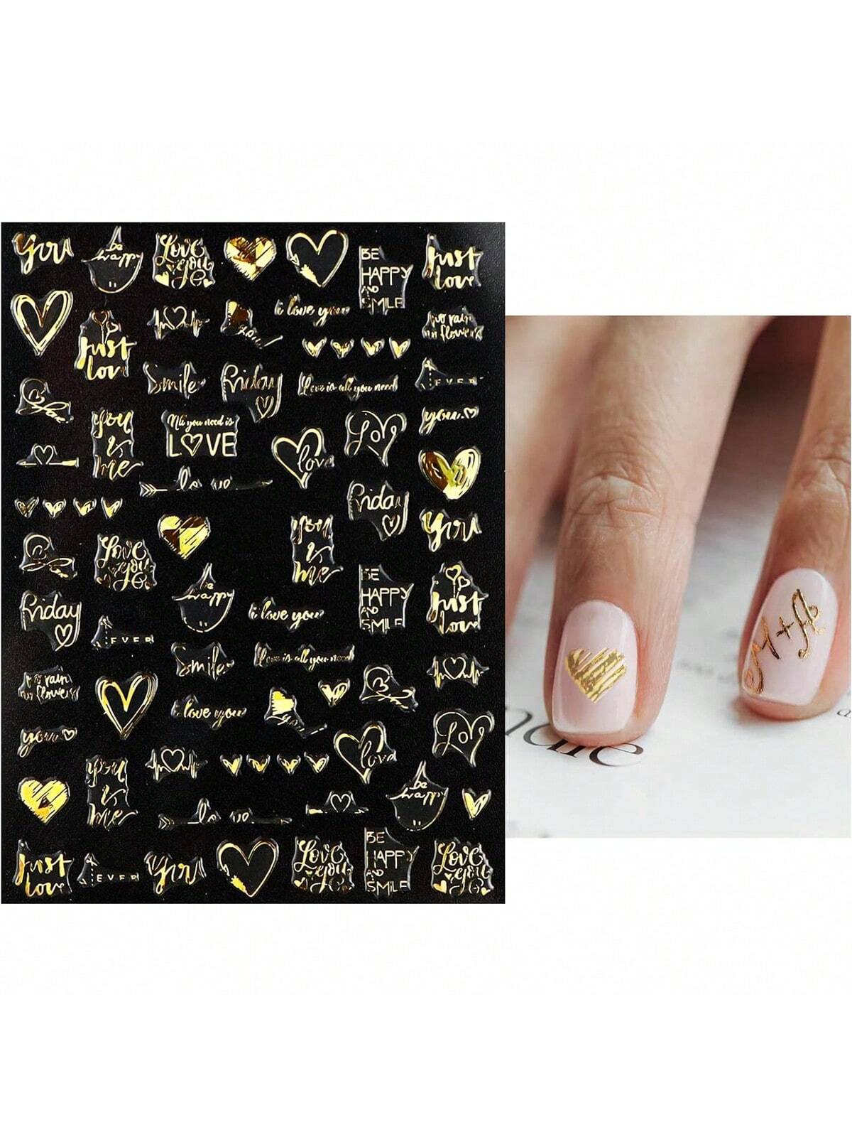 7Sheets Valentines Nail Art Stickers 7pcs Self-Adhesive Gold Heart Nail Stickers 3D Valentine'S Day Nail Supplies Rose Love Cupid Heart Letter Nail Decals Gold Nail Design Charms For Women Nail Art Decoration DIY