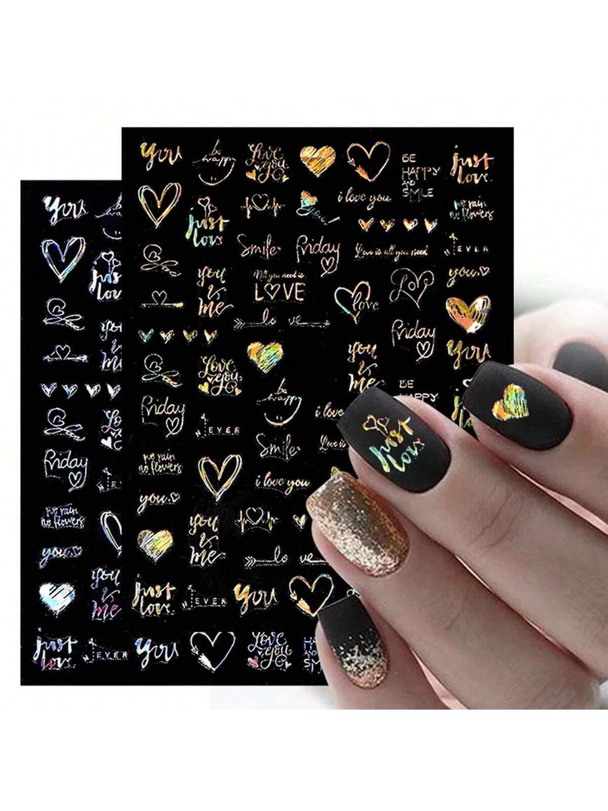 7Sheets Valentines Nail Art Stickers 7pcs Self-Adhesive Gold Heart Nail Stickers 3D Valentine'S Day Nail Supplies Rose Love Cupid Heart Letter Nail Decals Gold Nail Design Charms For Women Nail Art Decoration DIY