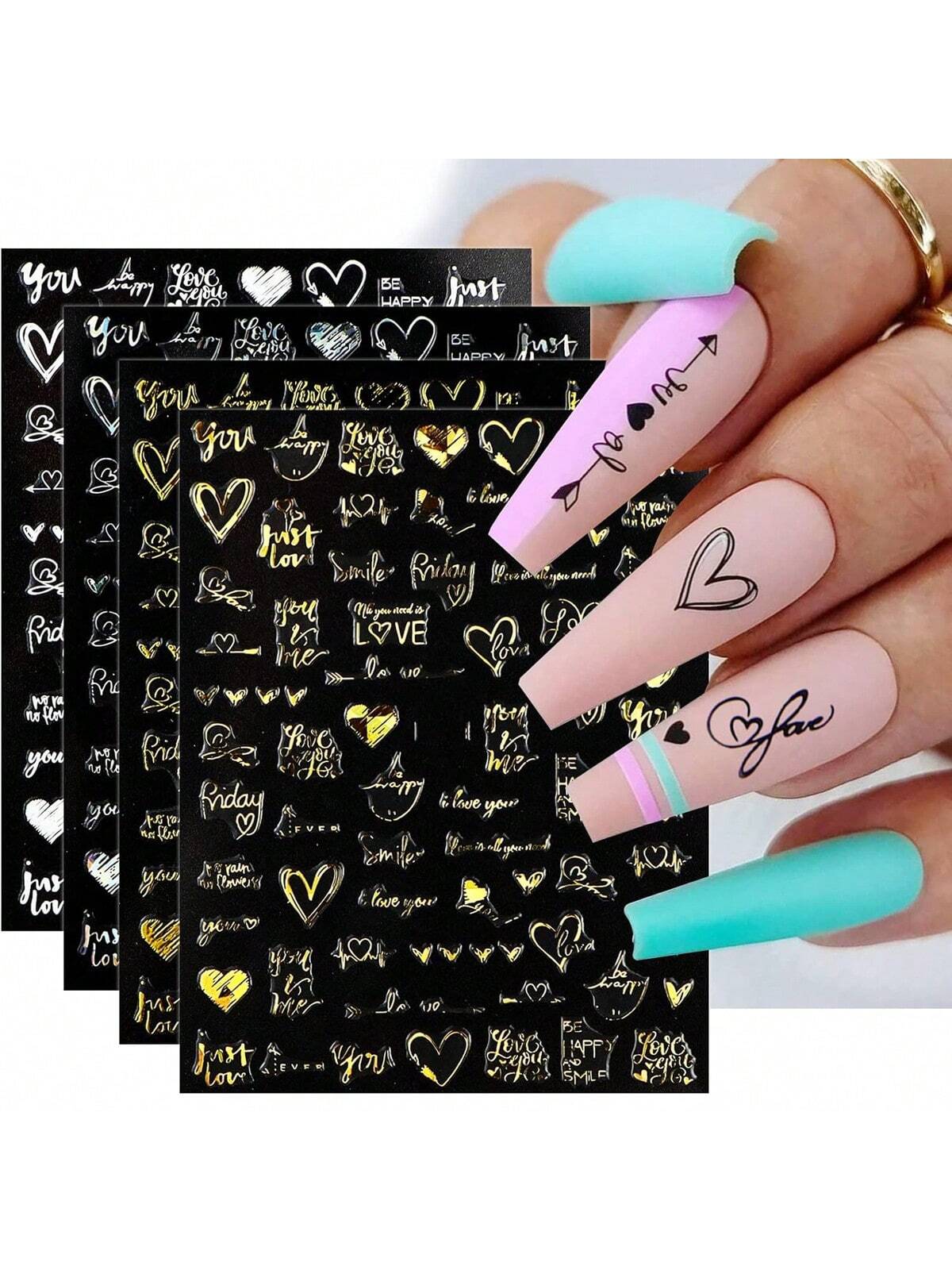 7Sheets Valentines Nail Art Stickers 7pcs Self-Adhesive Gold Heart Nail Stickers 3D Valentine'S Day Nail Supplies Rose Love Cupid Heart Letter Nail Decals Gold Nail Design Charms For Women Nail Art Decoration DIY