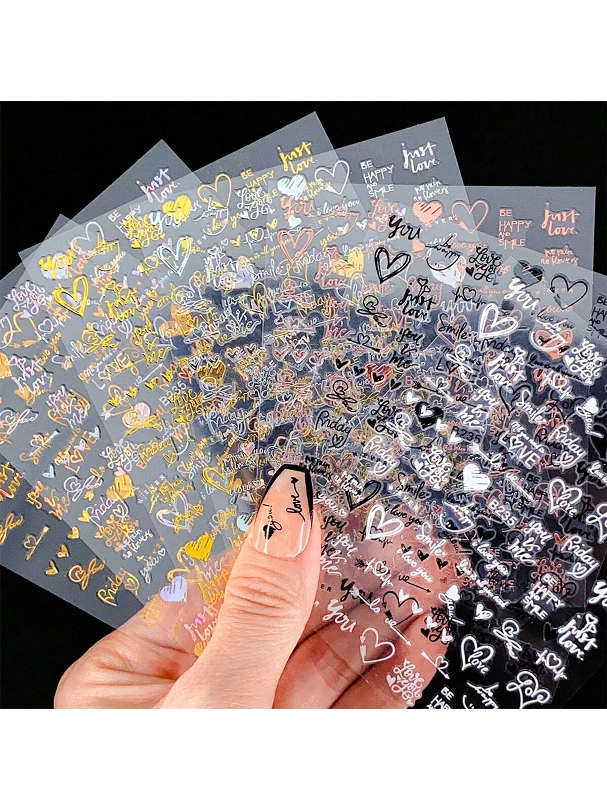 7Sheets Valentines Nail Art Stickers 7pcs Self-Adhesive Gold Heart Nail Stickers 3D Valentine'S Day Nail Supplies Rose Love Cupid Heart Letter Nail Decals Gold Nail Design Charms For Women Nail Art Decoration DIY