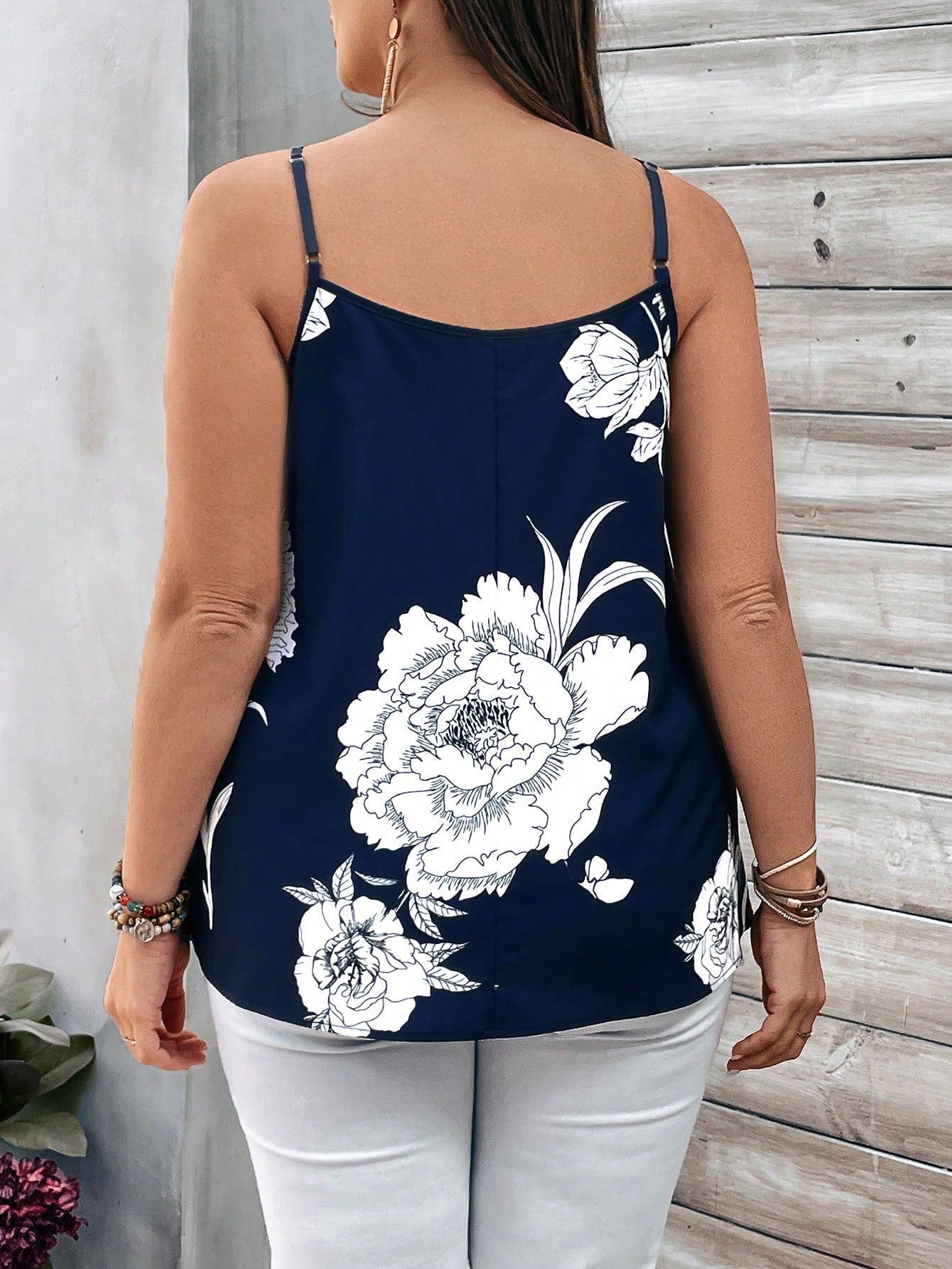 EMERY ROSE Plus Size Women's Floral Print V-Neck Blue White Camisole Top For Spring