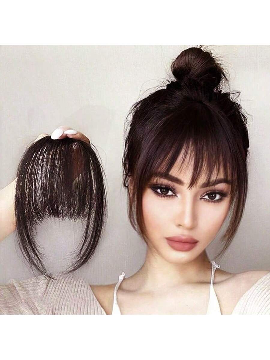 Clip In Bangs Front Neat Dark Brown Bangs Hairpiece Synthetic Fake False Hair Piece Bangs Hairpiece Clip In Hair Extensions For Women Heat Resistant