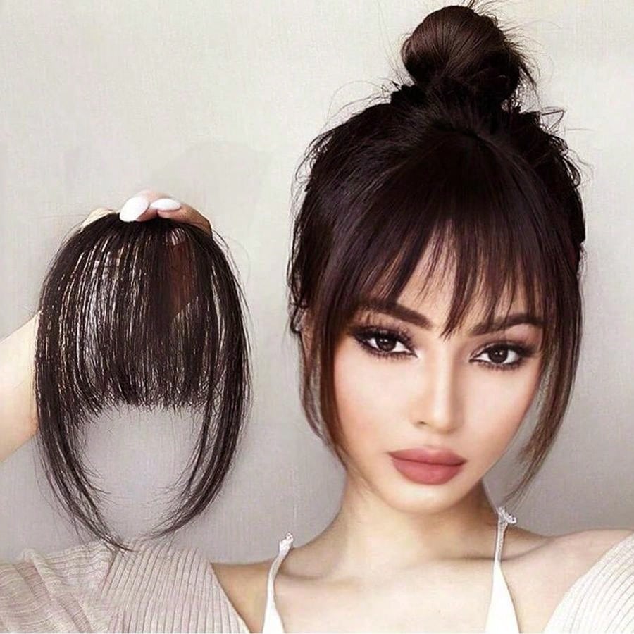 Clip In Bangs Front Neat Dark Brown Bangs Hairpiece Synthetic Fake False Hair Piece Bangs Hairpiece Clip In Hair Extensions For Women Heat Resistant