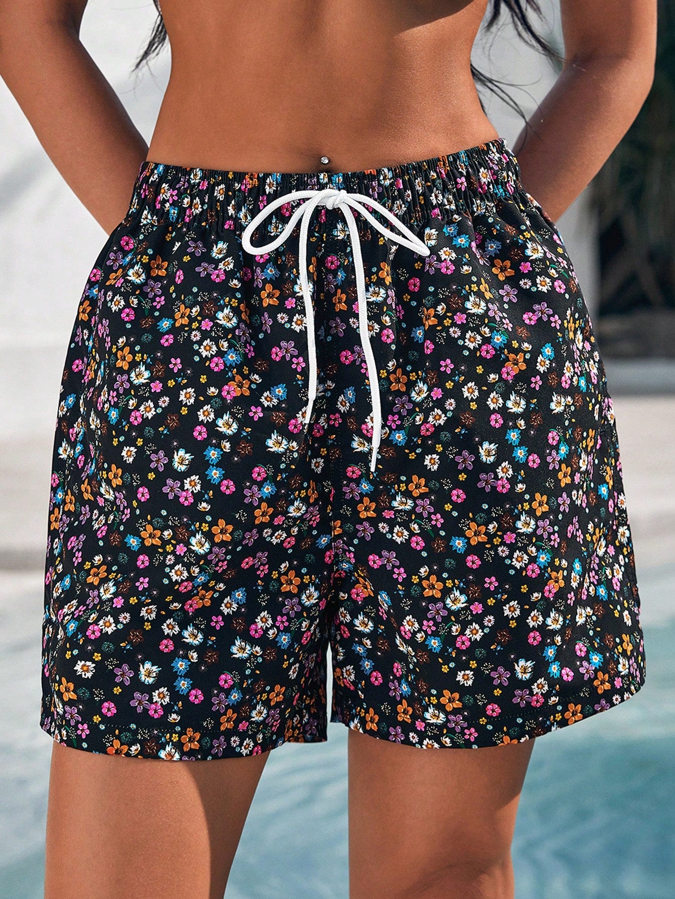 Swim Summer Beach Floral Printed Drawstring Waist Swim Shorts