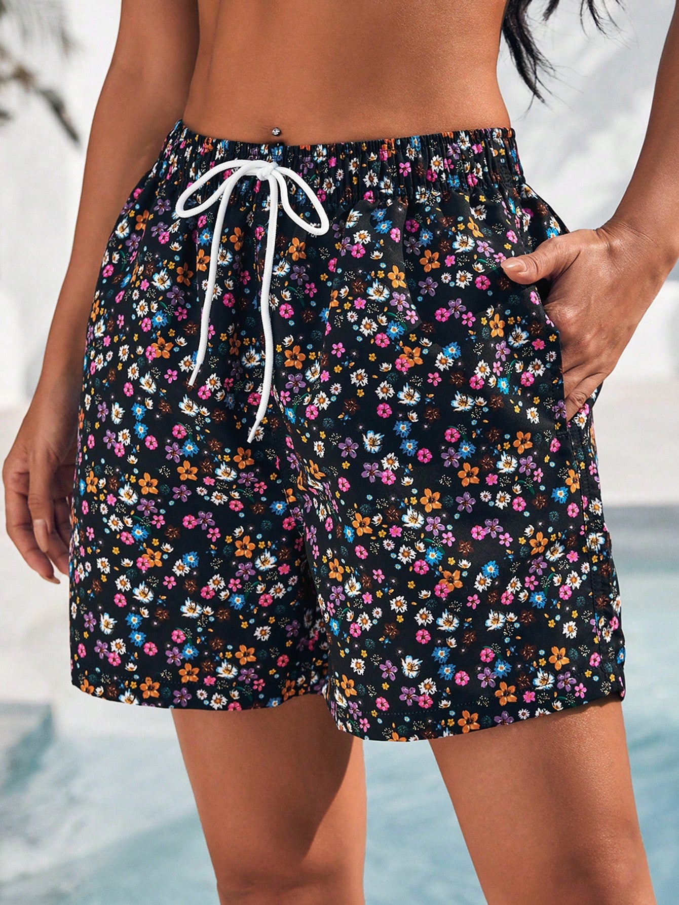 Swim Summer Beach Floral Printed Drawstring Waist Swim Shorts