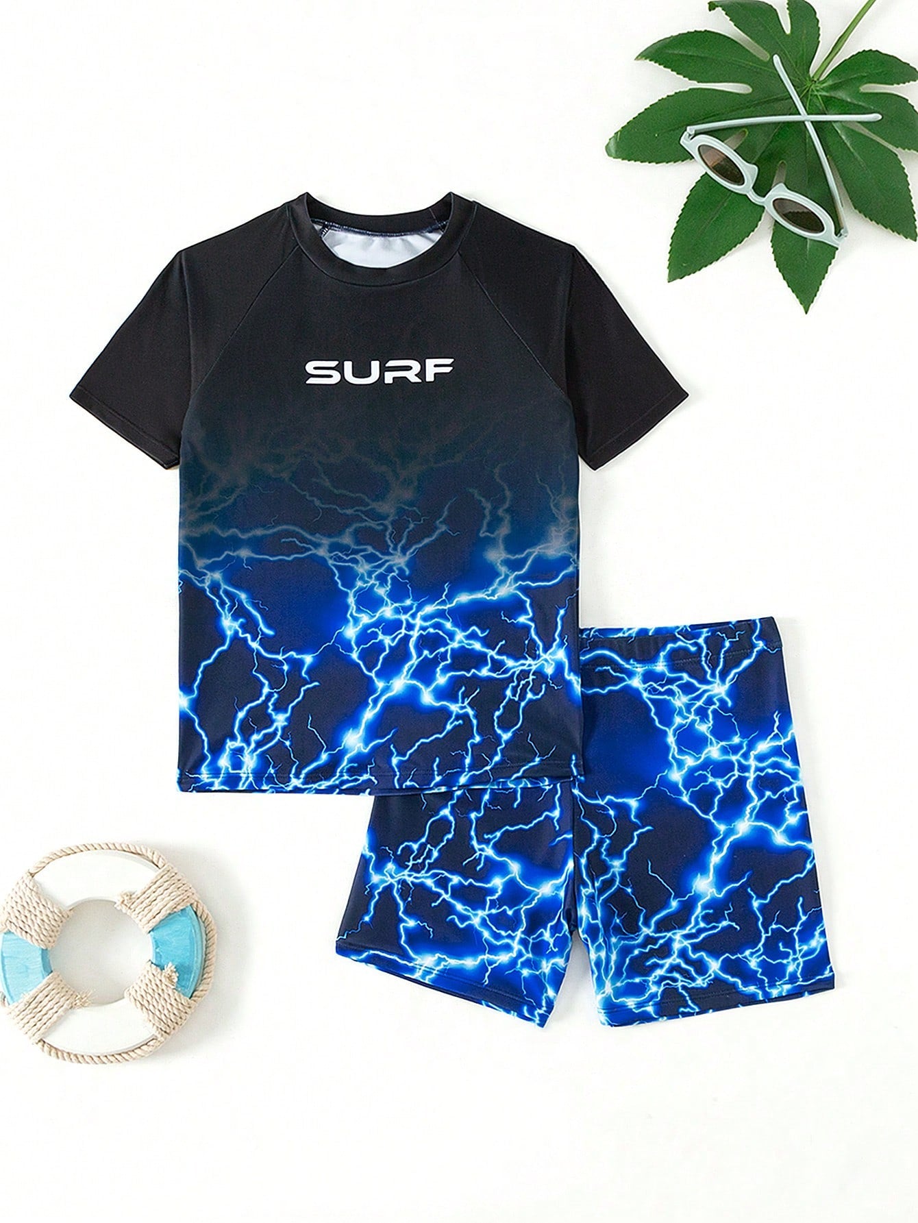 Tween Boys' Lightning & Letter Print Short Sleeve T-Shirt And Shorts Swimsuit Set