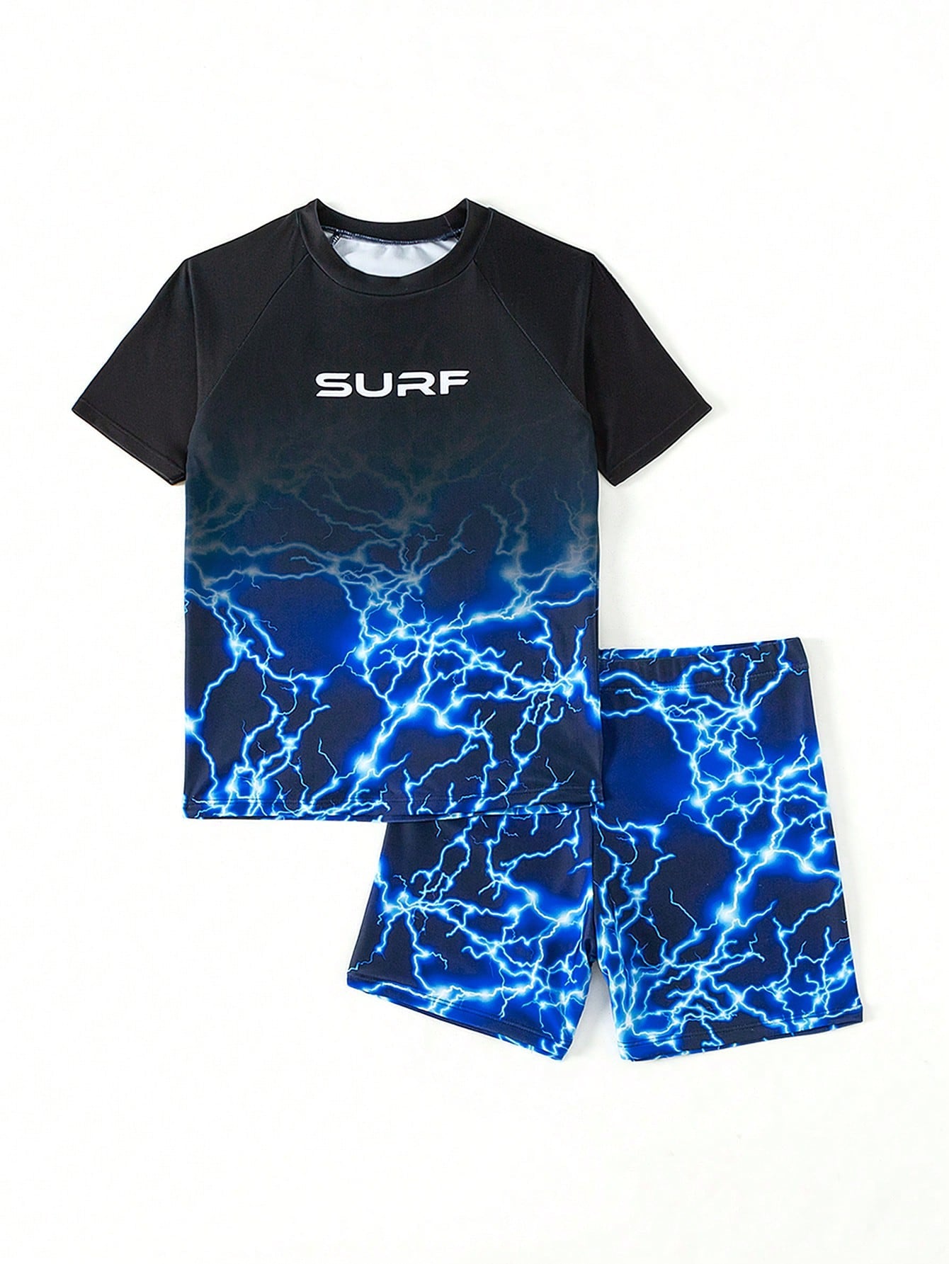 Tween Boys' Lightning & Letter Print Short Sleeve T-Shirt And Shorts Swimsuit Set