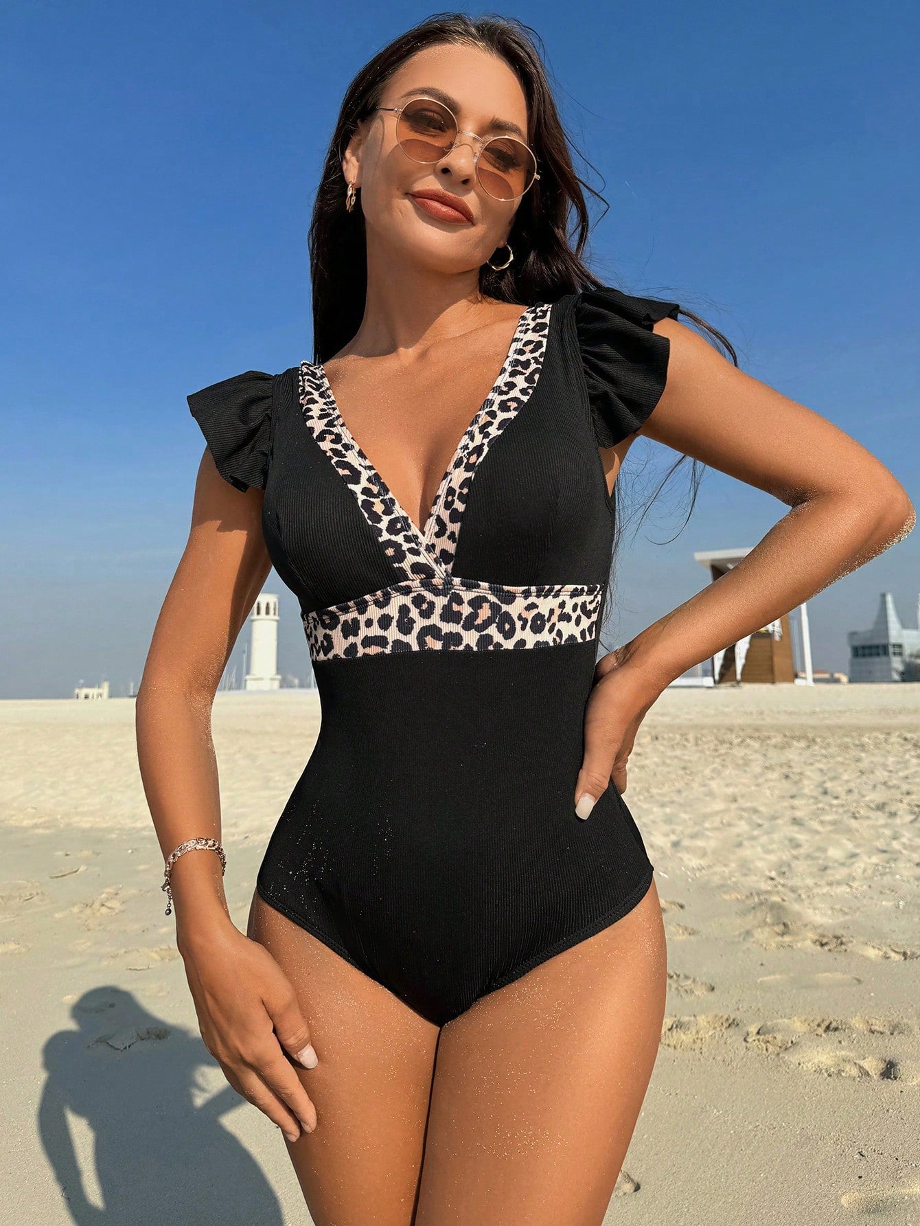 Swim Summer Beach Leopard Printed Ruffle Trimmed Monokini Swimsuit