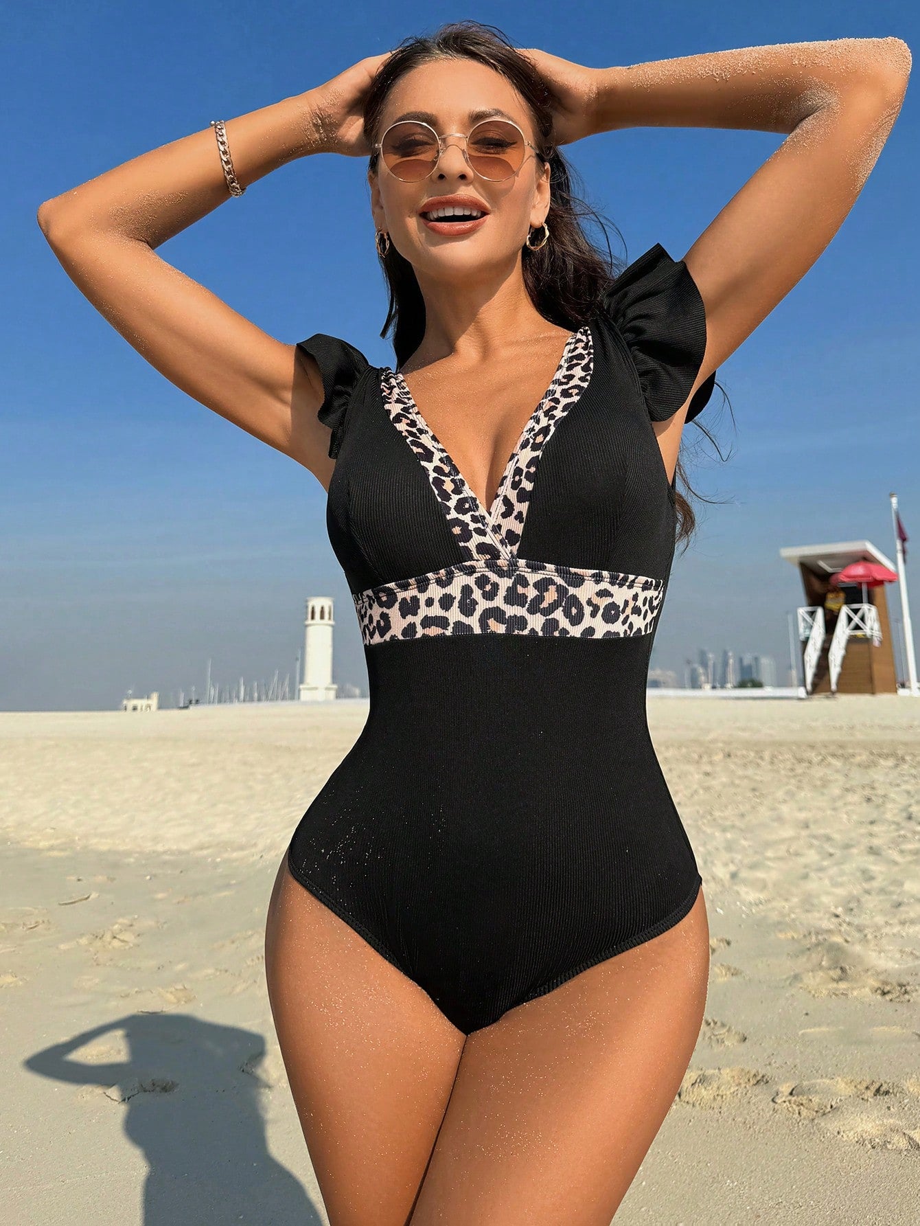 Swim Summer Beach Leopard Printed Ruffle Trimmed Monokini Swimsuit