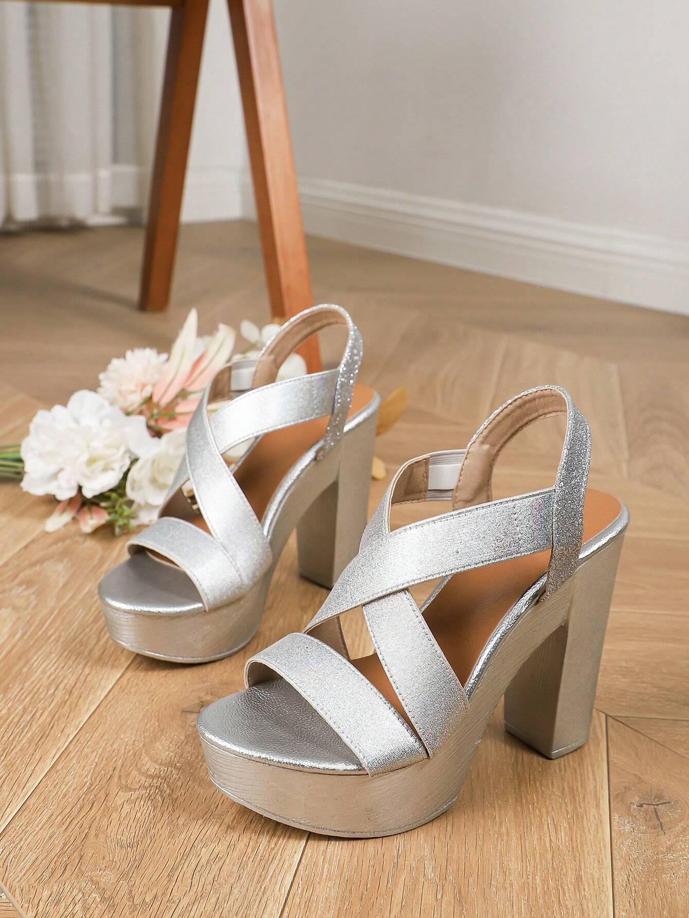 Women Criss Cross Chunky Heeled Slingback Sandals, Elegant Summer White Elastic Heeled Sandals