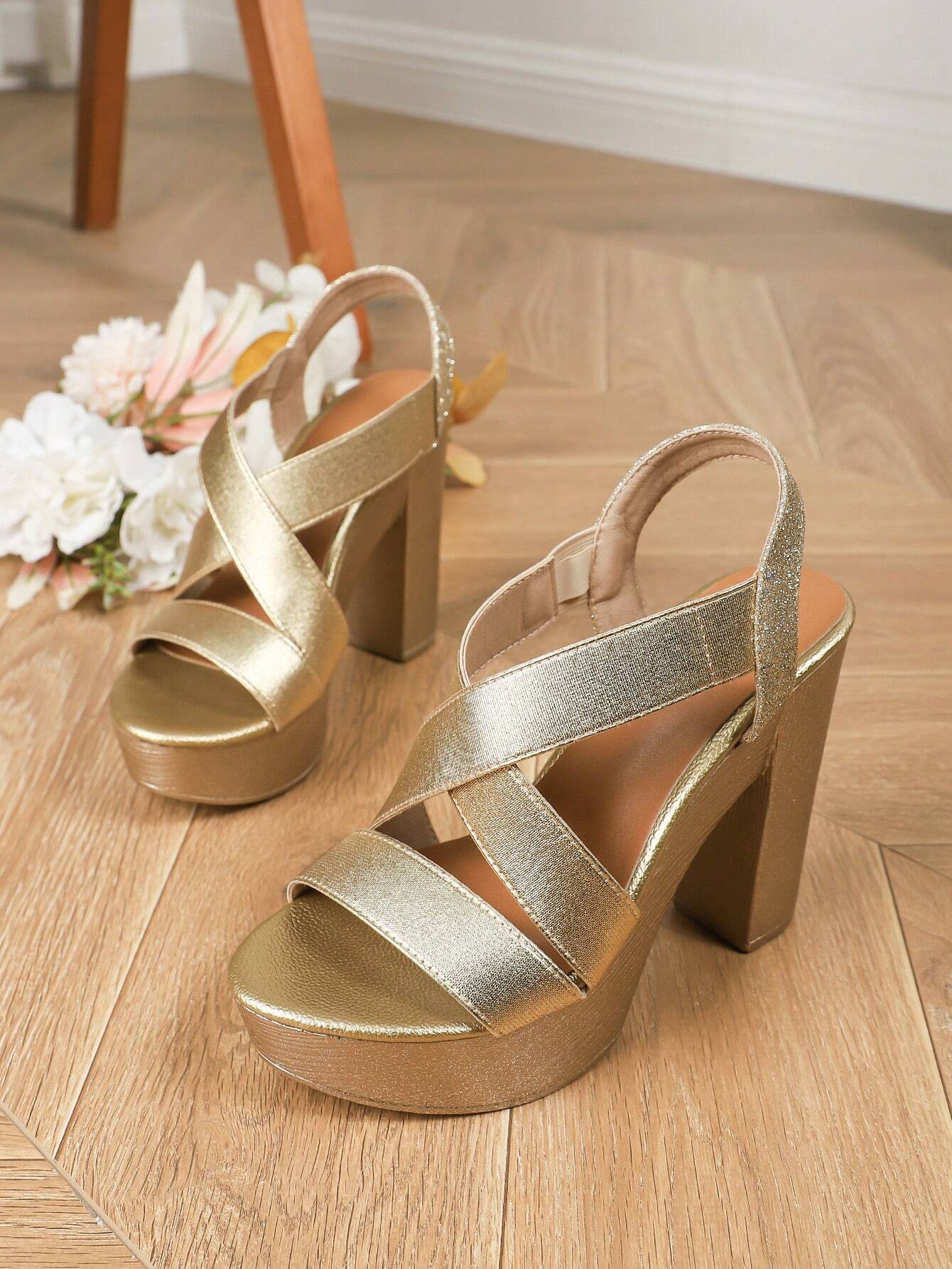 Women Criss Cross Chunky Heeled Slingback Sandals, Elegant Summer White Elastic Heeled Sandals