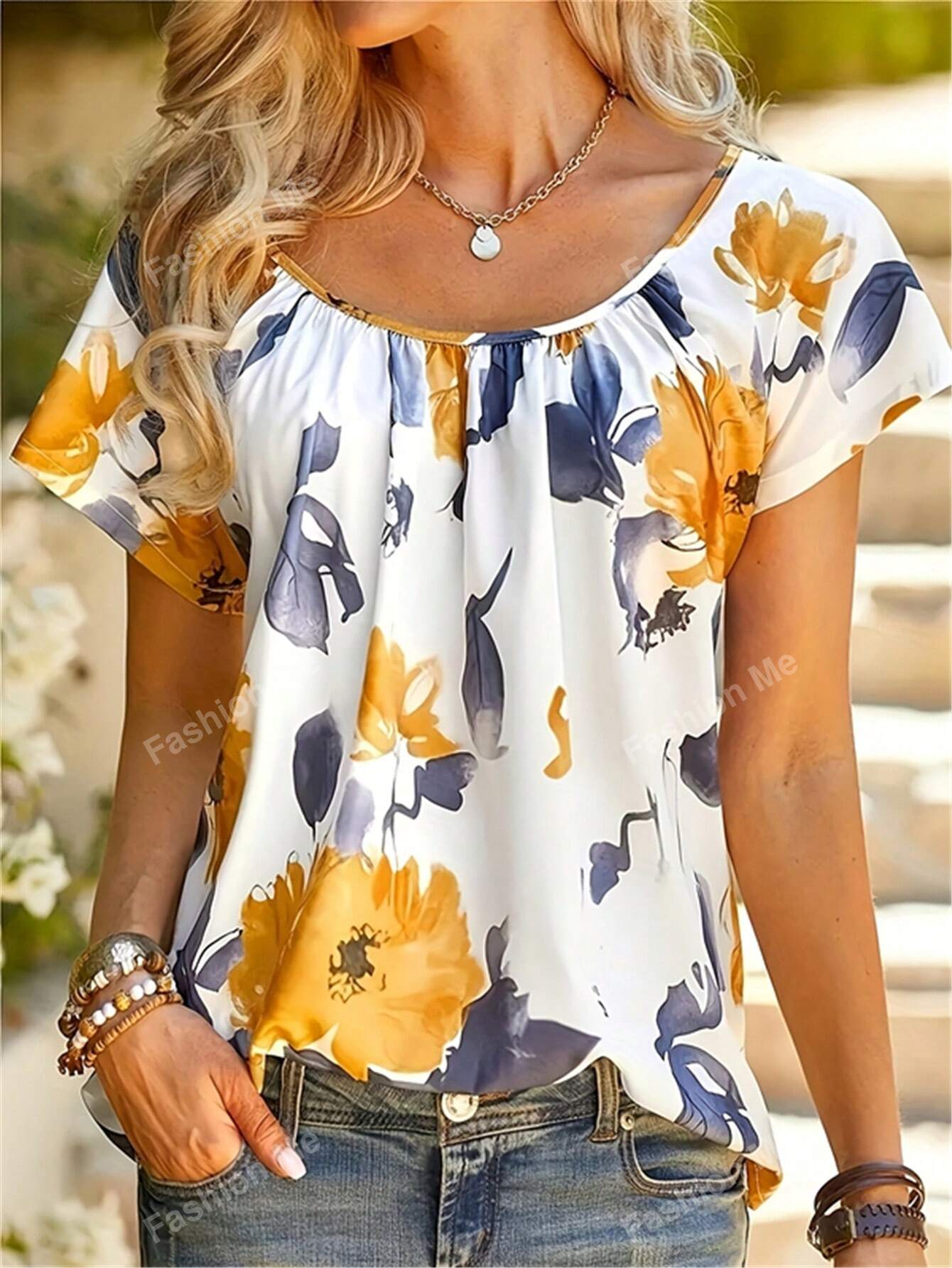 Women's Casual Floral Print Round Neck Blouse