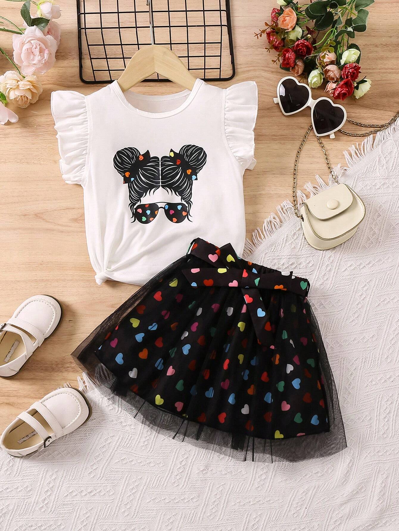 2pcs Young Girl Christmas Santa Claus & Bow Print Ruffle Collar Top And Mesh Patchwork Skirt Set