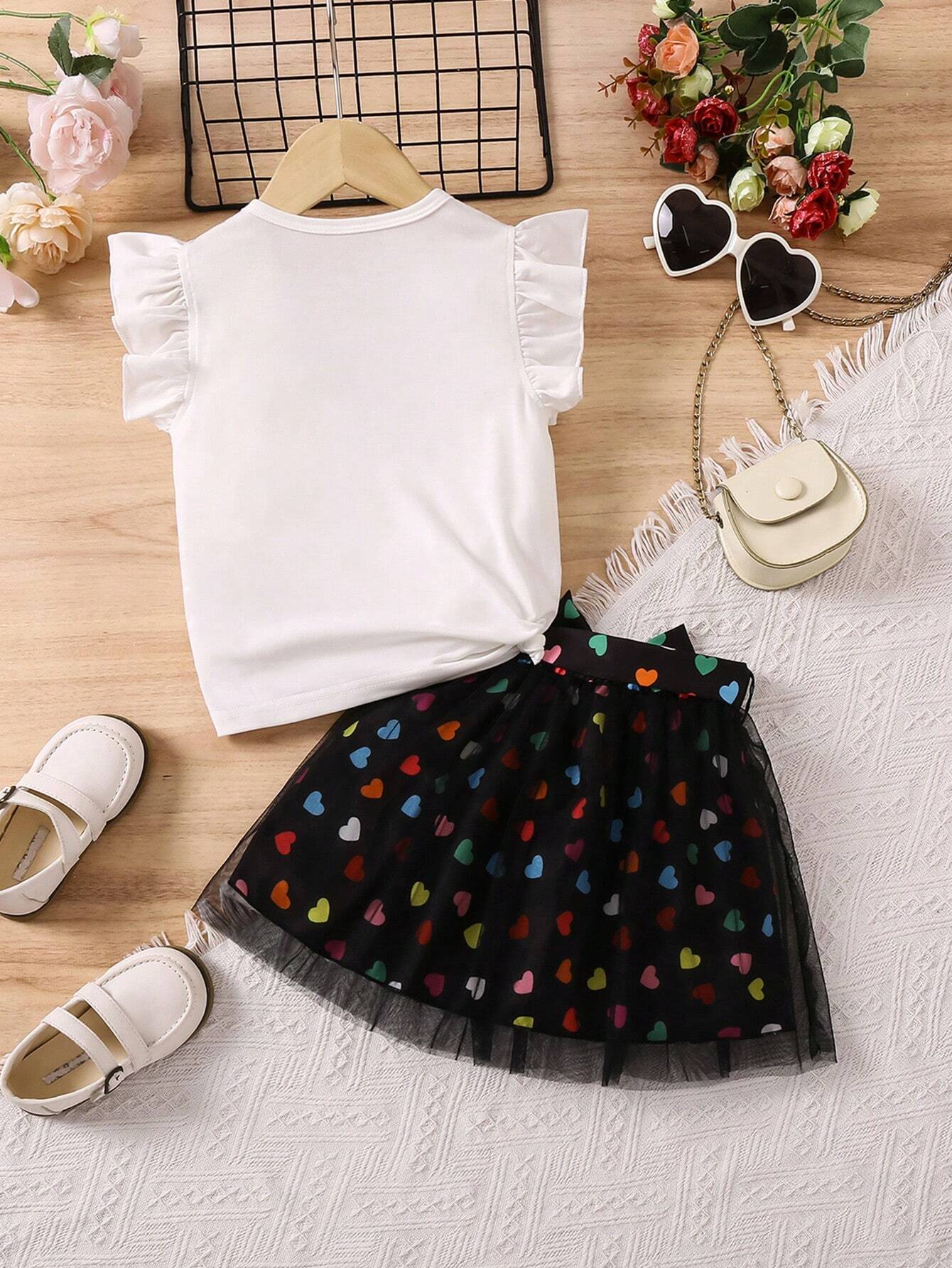 2pcs Young Girl Christmas Santa Claus & Bow Print Ruffle Collar Top And Mesh Patchwork Skirt Set