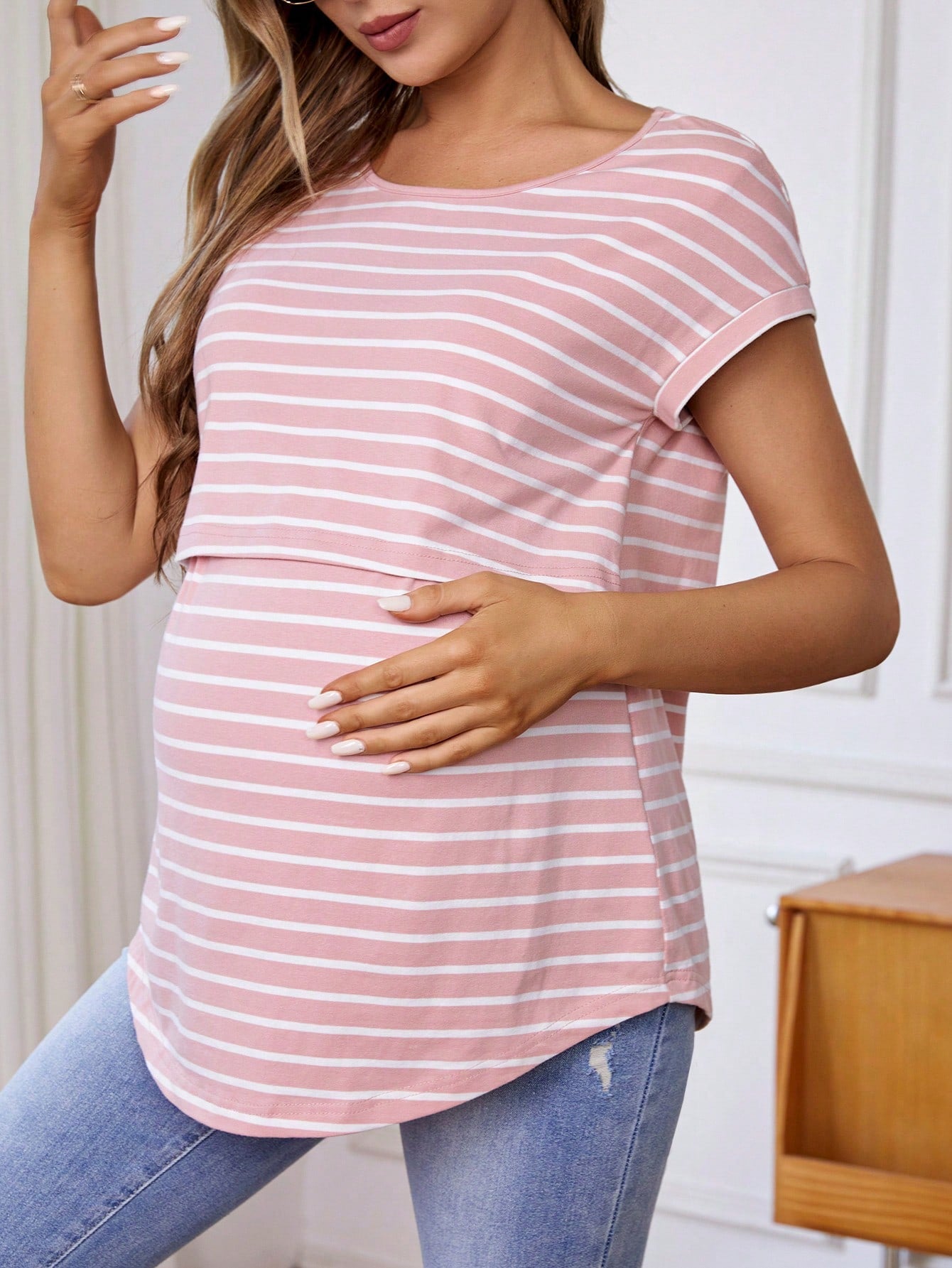 SHEIN Maternity Striped Short Sleeve Nursing Function T-Shirt