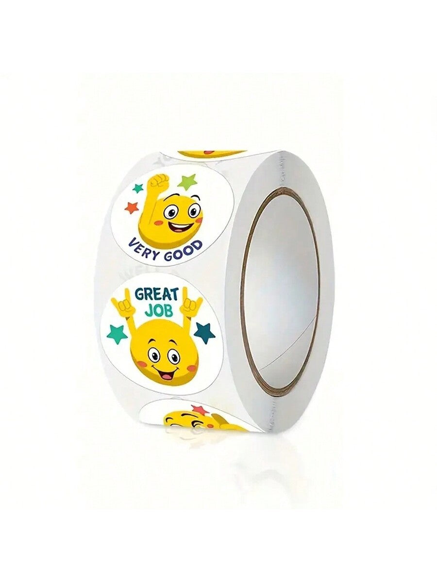 500pcs/Roll Cartoon Yellow Face Expression Stickers For Teachers To Praise And Encourage Students, Suitable For Stationery, Books, Mobile Phones, Notebooks, Computers, Safety Helmets, Water Bottles, Glasses, Multiple Uses