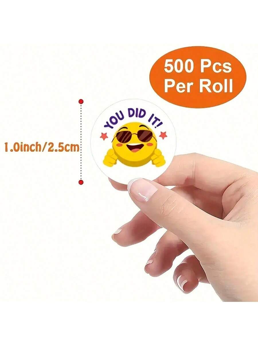 500pcs/Roll Cartoon Yellow Face Expression Stickers For Teachers To Praise And Encourage Students, Suitable For Stationery, Books, Mobile Phones, Notebooks, Computers, Safety Helmets, Water Bottles, Glasses, Multiple Uses