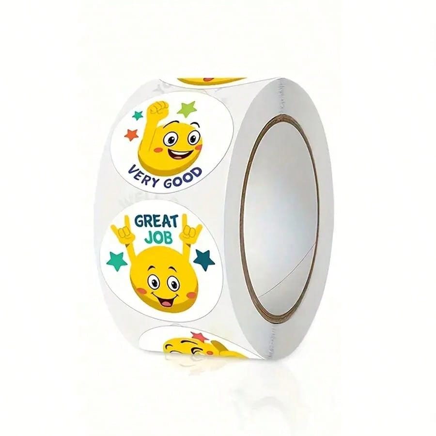 500pcs/Roll Cartoon Yellow Face Expression Stickers For Teachers To Praise And Encourage Students, Suitable For Stationery, Books, Mobile Phones, Notebooks, Computers, Safety Helmets, Water Bottles, Glasses, Multiple Uses