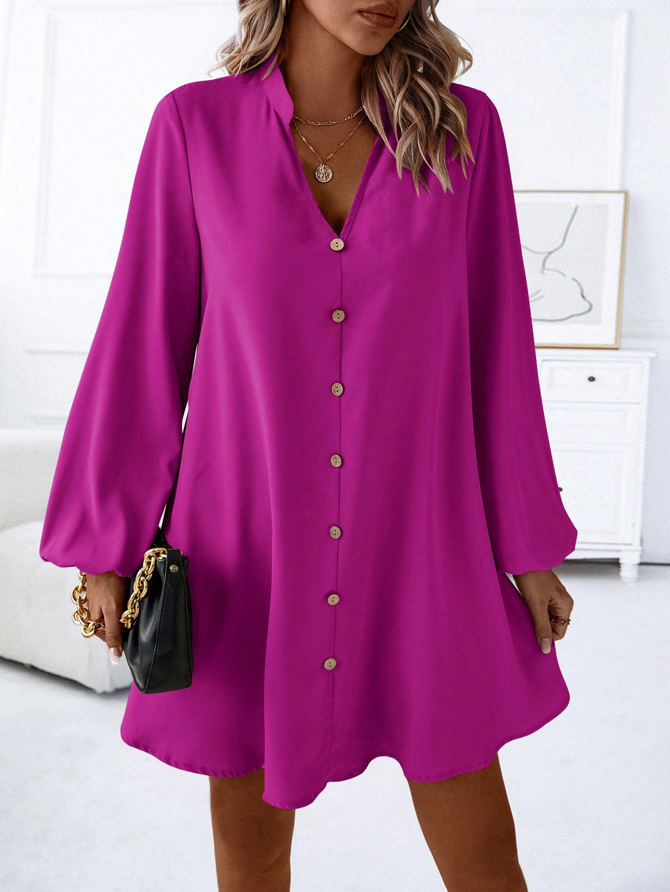 LUNE Notched Neckline Lantern Sleeve Button Front Dress