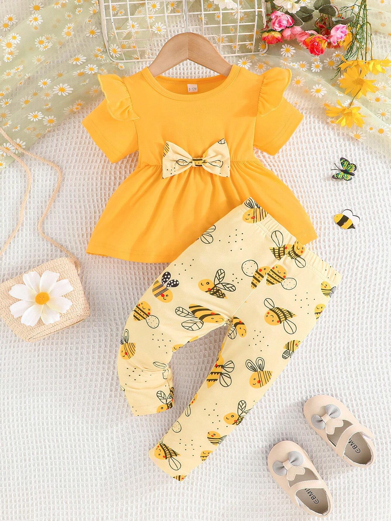 Baby Girls' Summer Short Sleeve Ruffle Trim Shoulder Bowknot Top With Bee Print Long Pants Casual Outfit