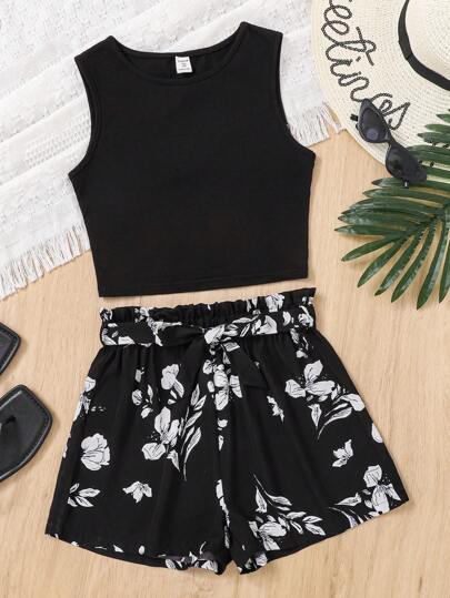 Teen Girl Basic Camisole Top With Ruffle Hem & Floral Print Shorts Set With Tie Belt