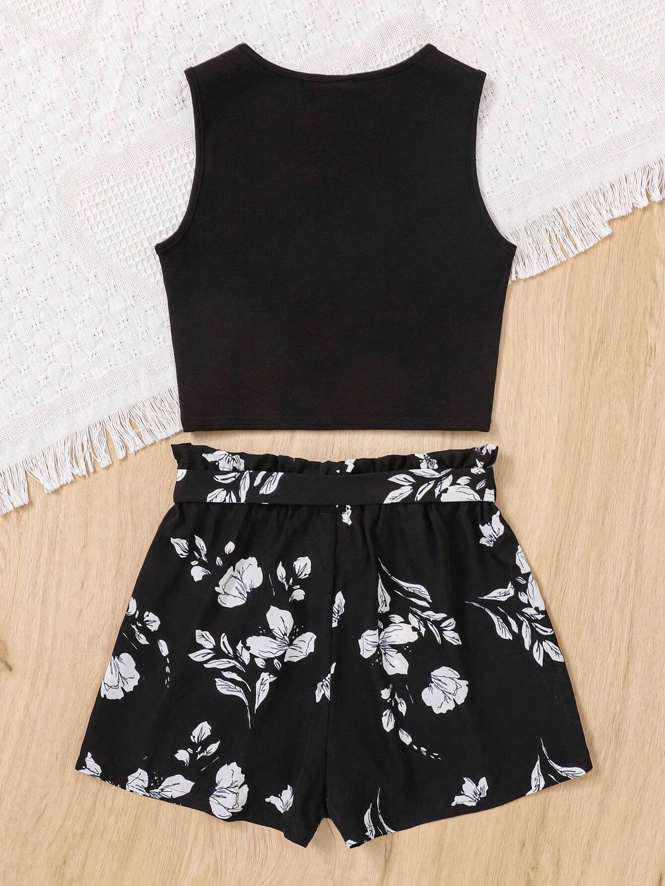 Teen Girl Basic Camisole Top With Ruffle Hem & Floral Print Shorts Set With Tie Belt