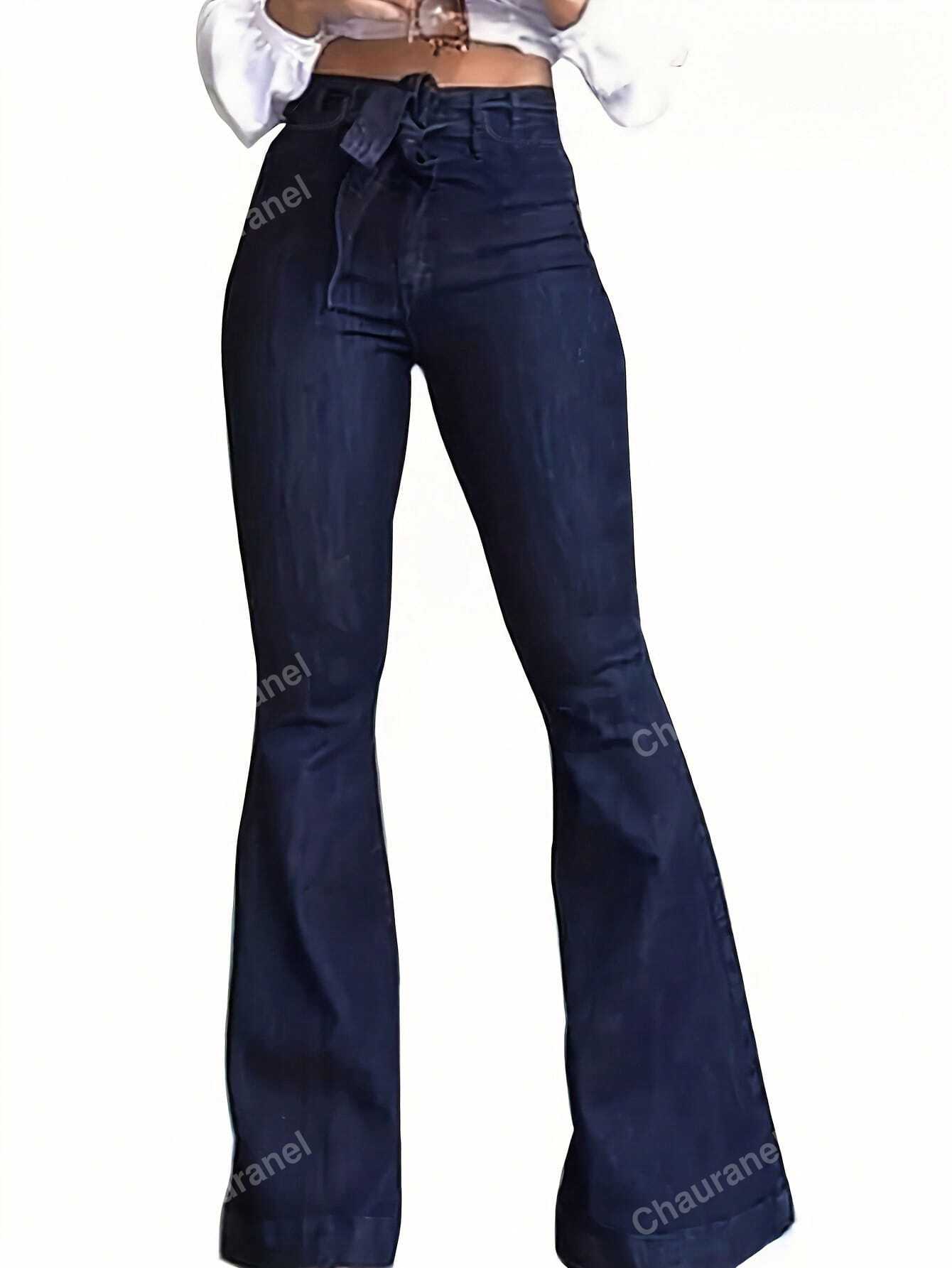 Solid Color Elastic High Waisted Flared Jeans With Belt