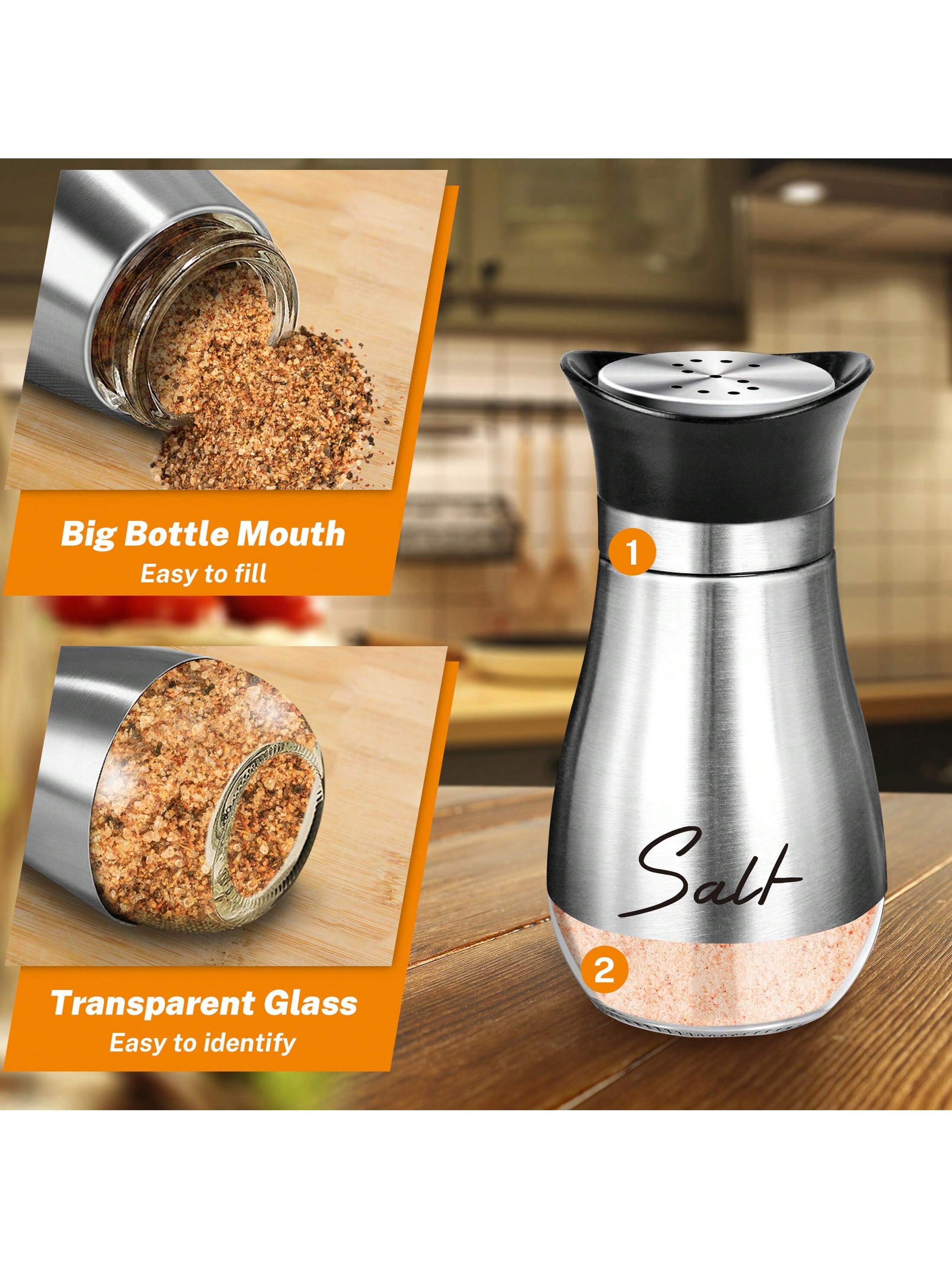 2Pcs Salt And Pepper Shakers Set,4 Oz Glass Bottom Salt Pepper Shaker With Stainless Steel Lid For Kitchen Gadgets Cooking Table, RV, Camp,BBQ Refillable Design